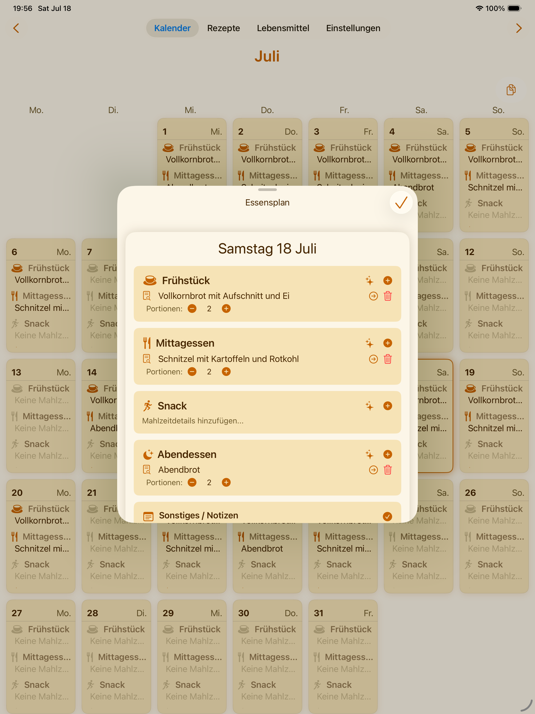 Wöchentlicher PlanPot-Essenskalender auf dem iPad