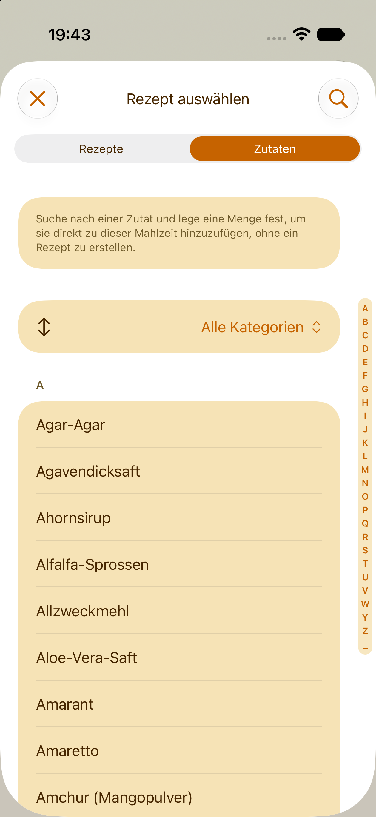 Eine einzelne Zutat ohne Rezept zum Essensplan hinzufügen