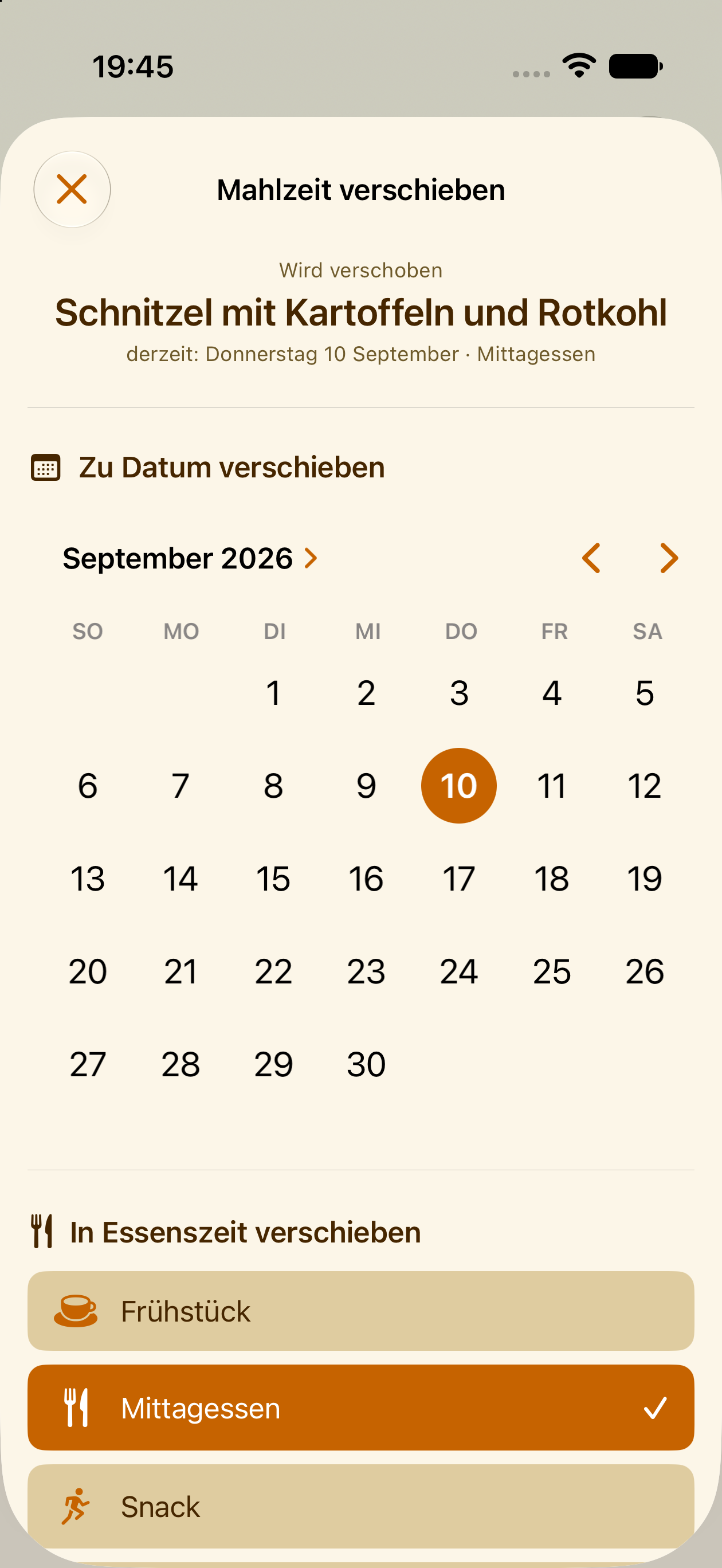 Eine geplante Mahlzeit in PlanPot auf einen anderen Tag verschieben