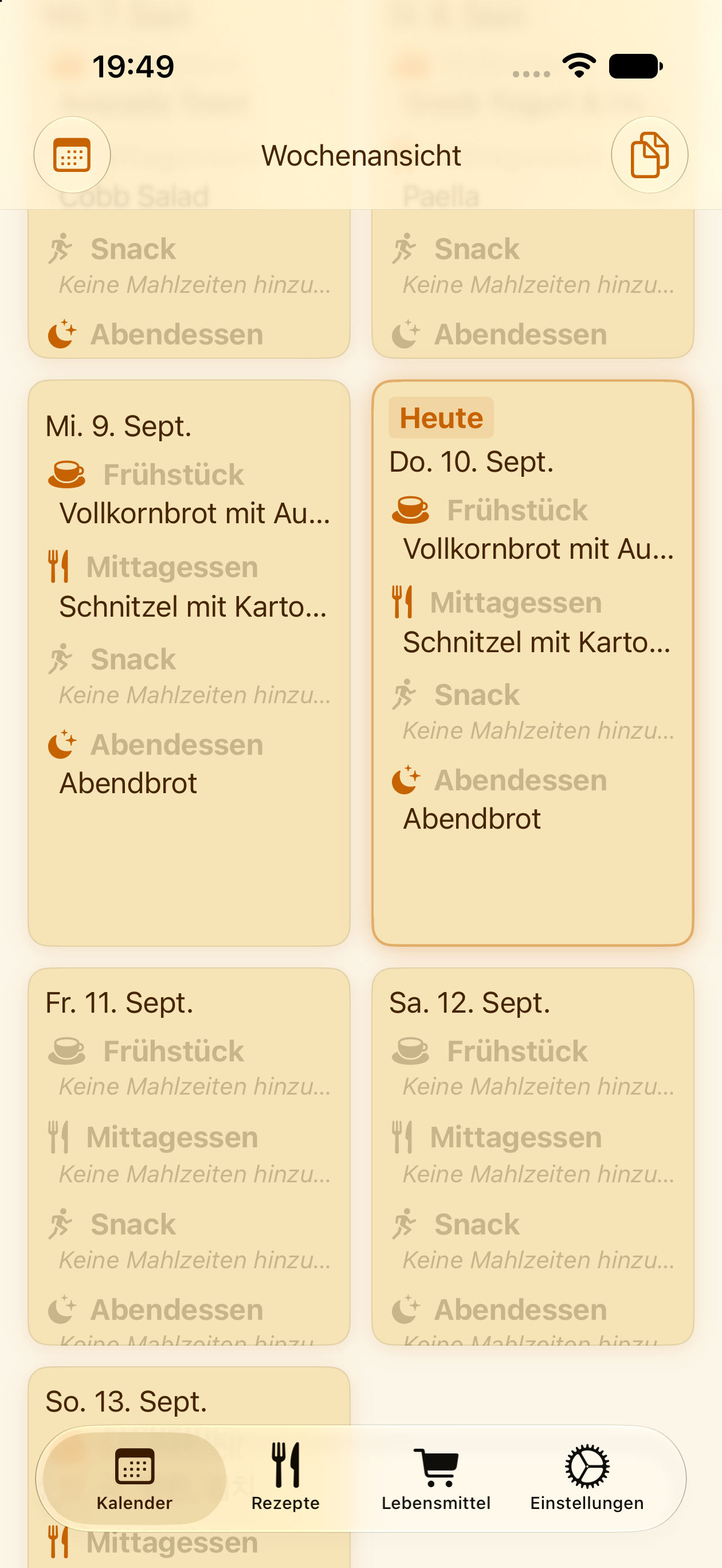 Wochenansicht des PlanPot-Essenskalenders auf dem iPhone