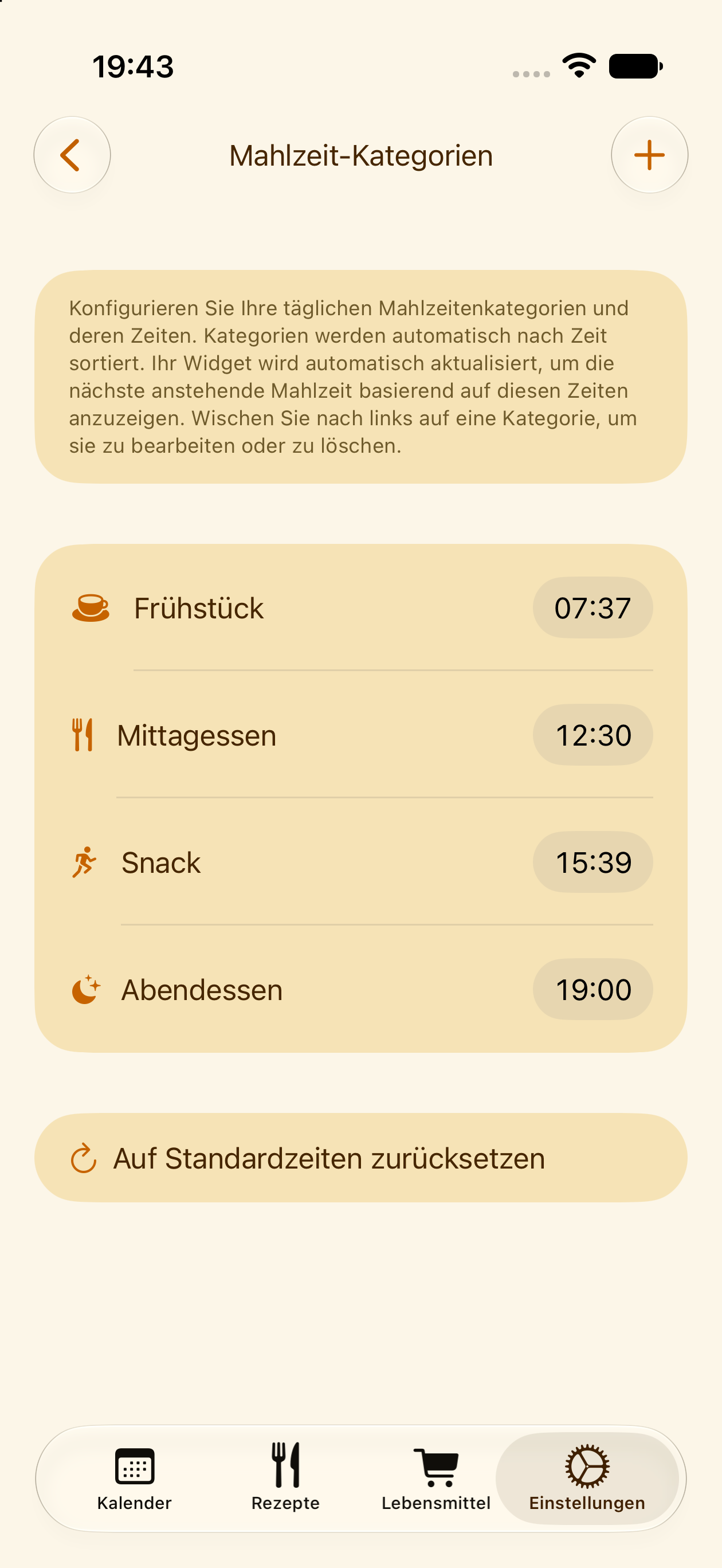 Individuelle Mahlzeitkategorien und -zeiten in PlanPot