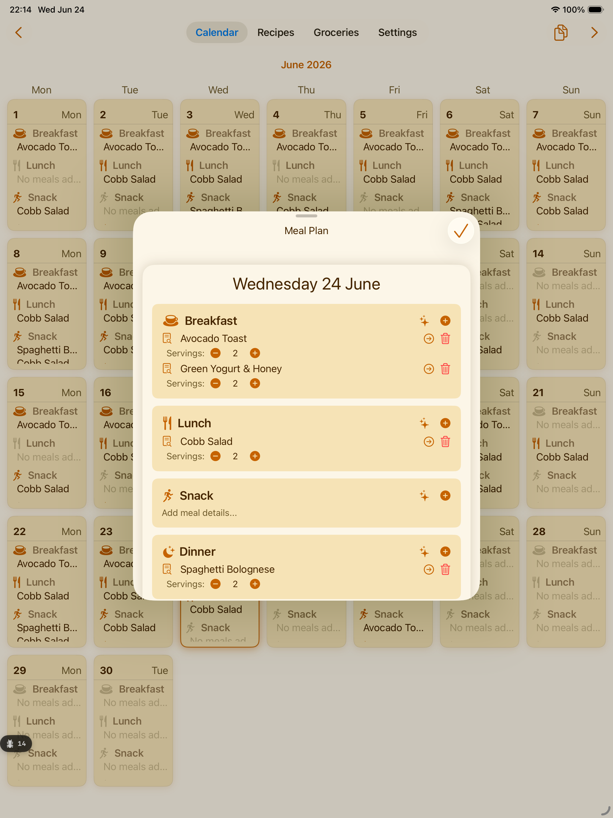 PlanPot weekly meal calendar on iPad