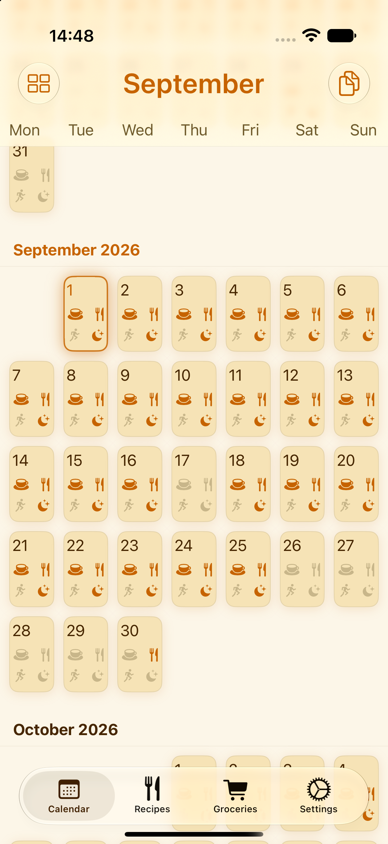 PlanPot monthly meal calendar view on iPhone