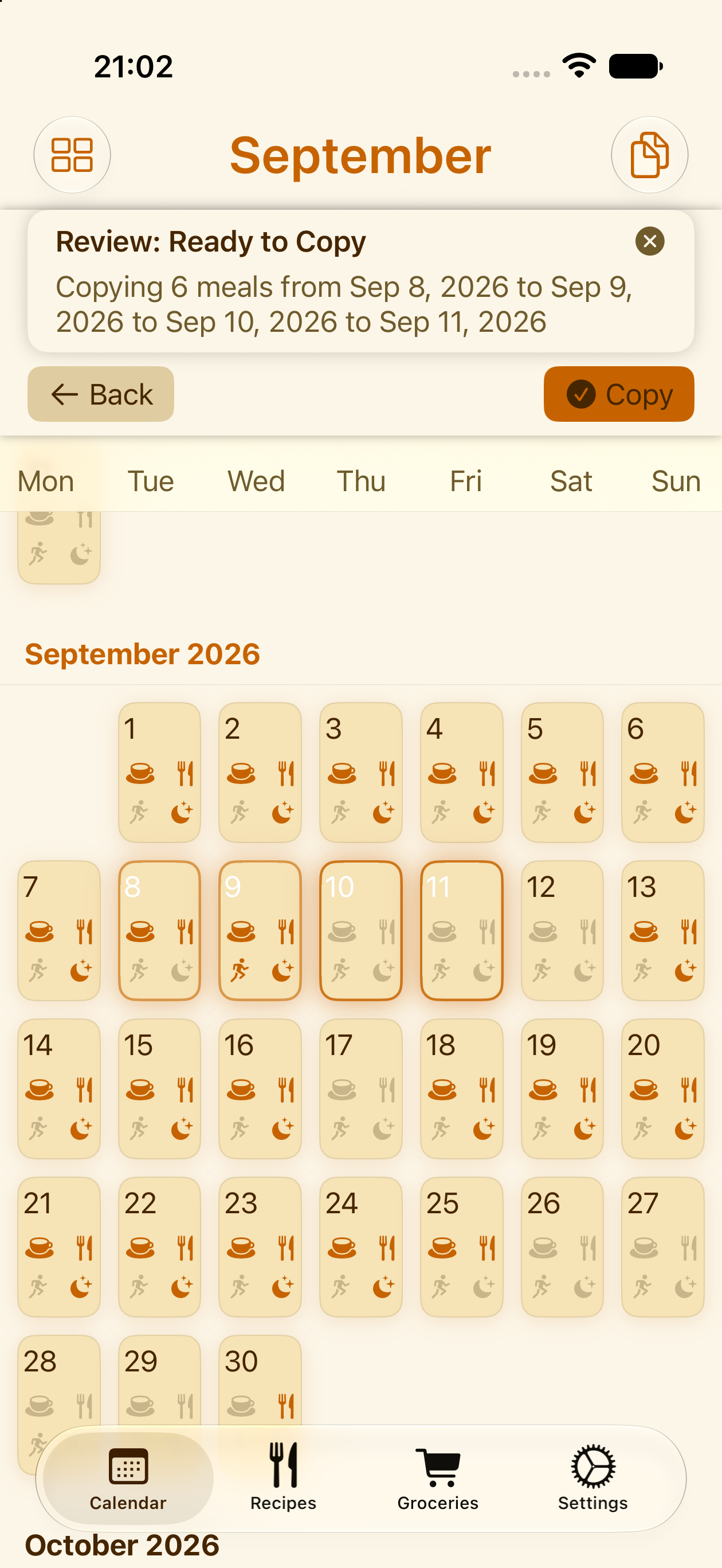 Copying a week of meals to a new date range in PlanPot