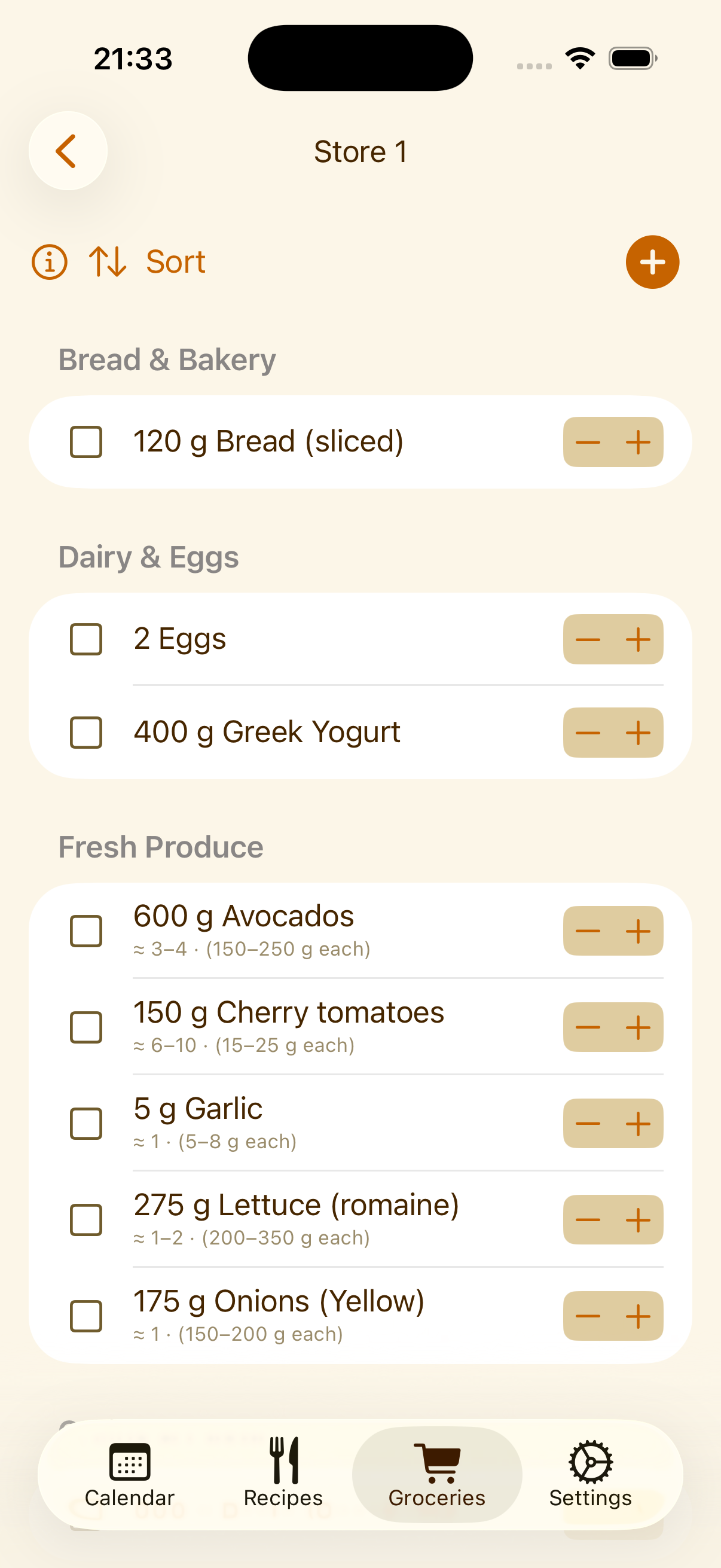 PlanPot grocery list organized by store on iPhone
