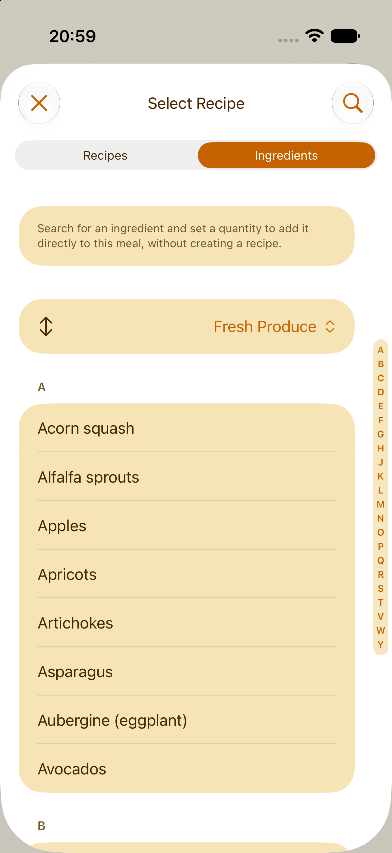 Adding a single ingredient to the meal plan without a recipe