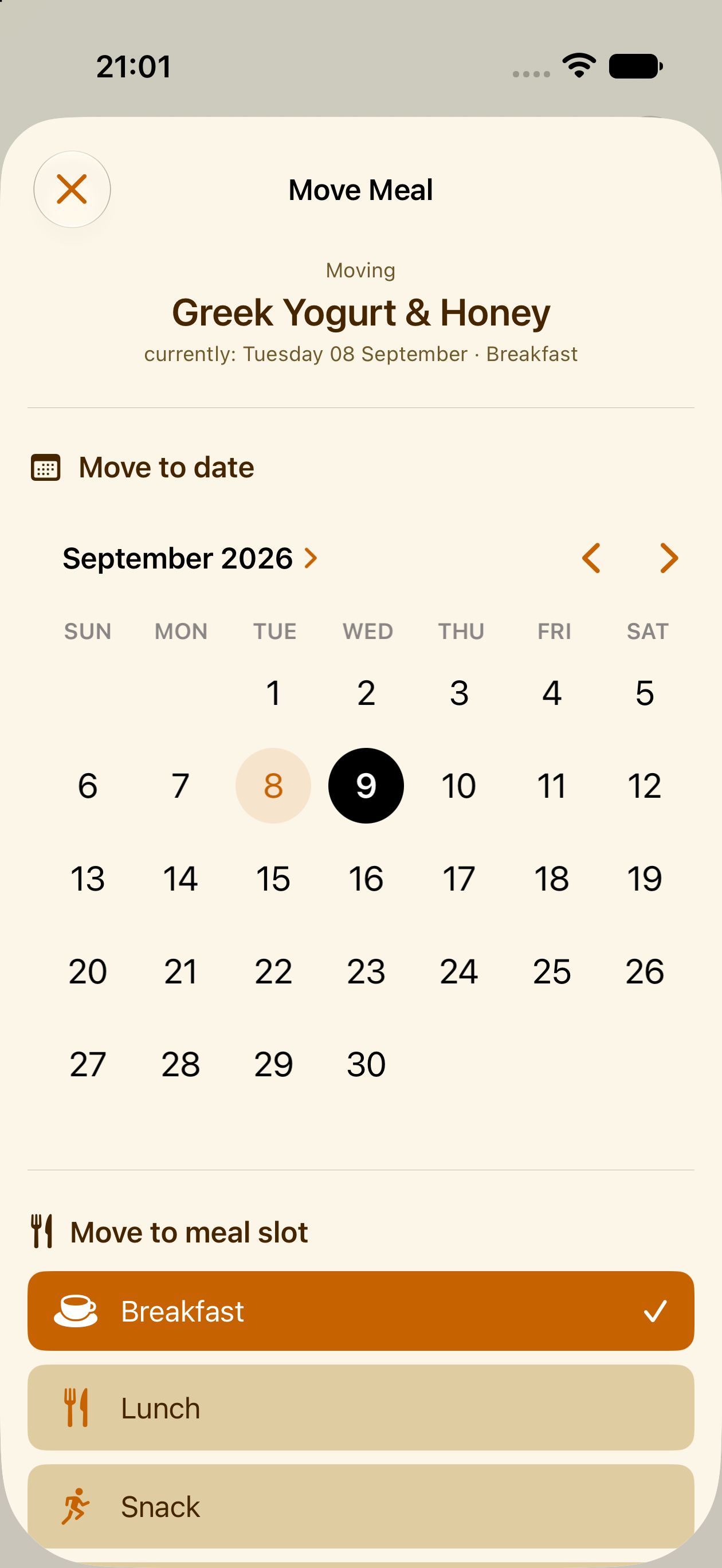 Moving a planned meal to another day in PlanPot