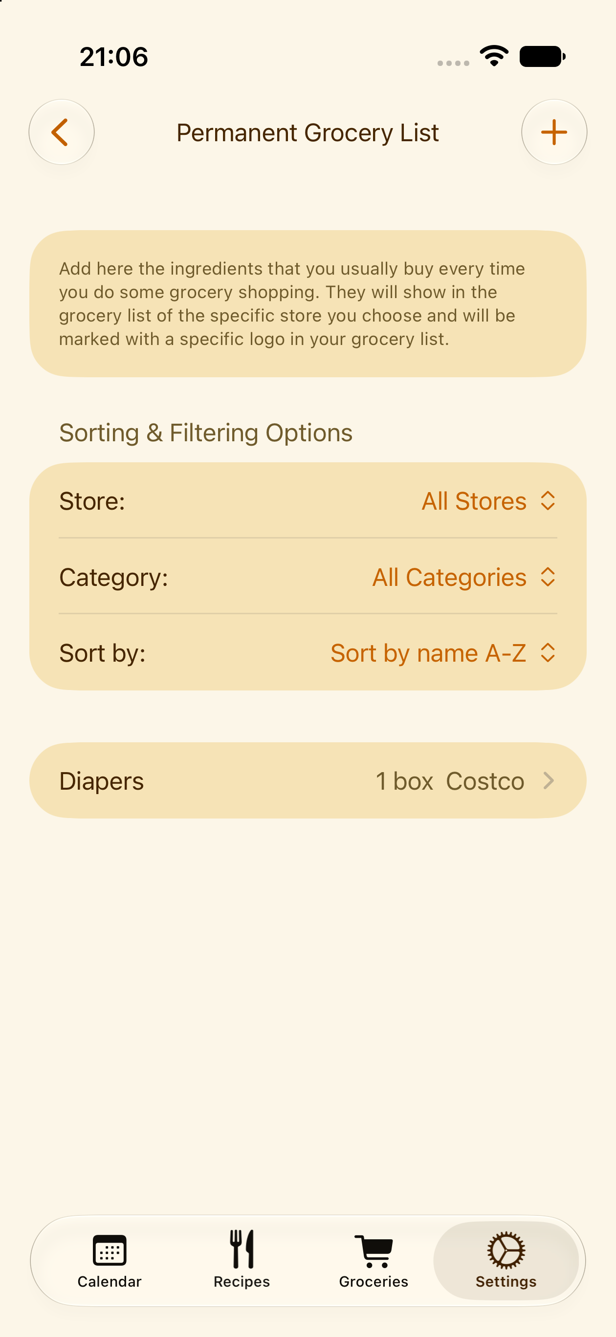 Permanent grocery list items that repeat on every shopping trip