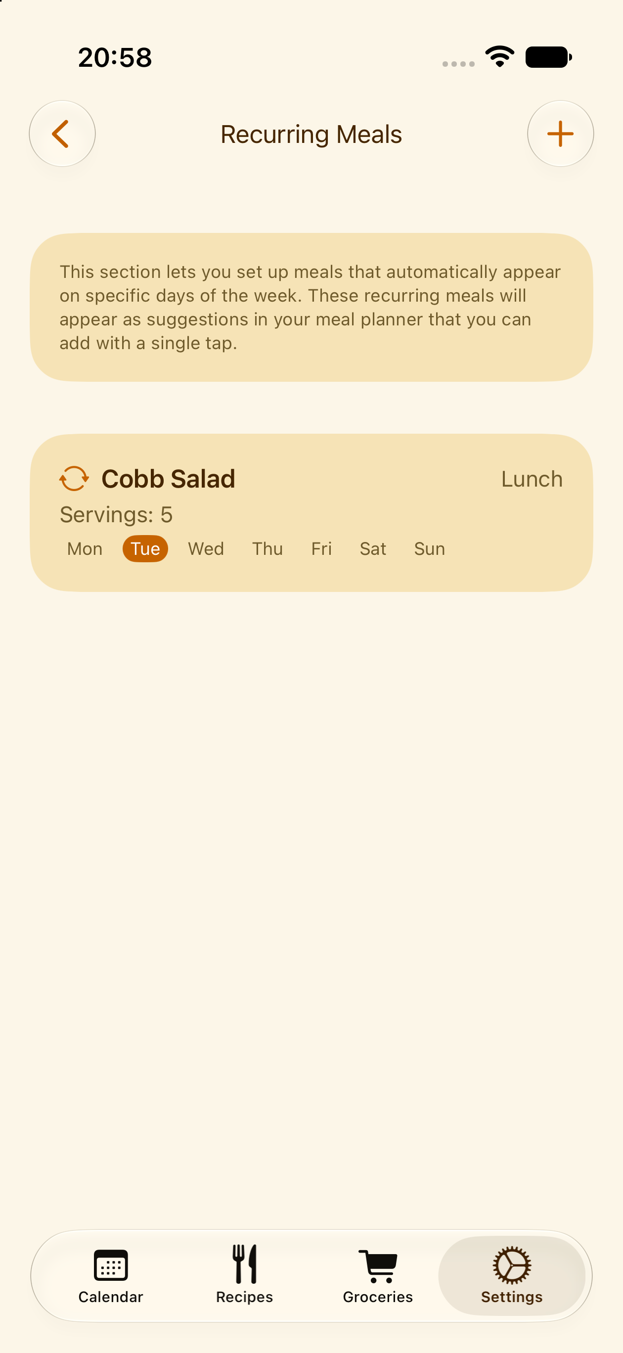Setting a meal to repeat automatically in PlanPot