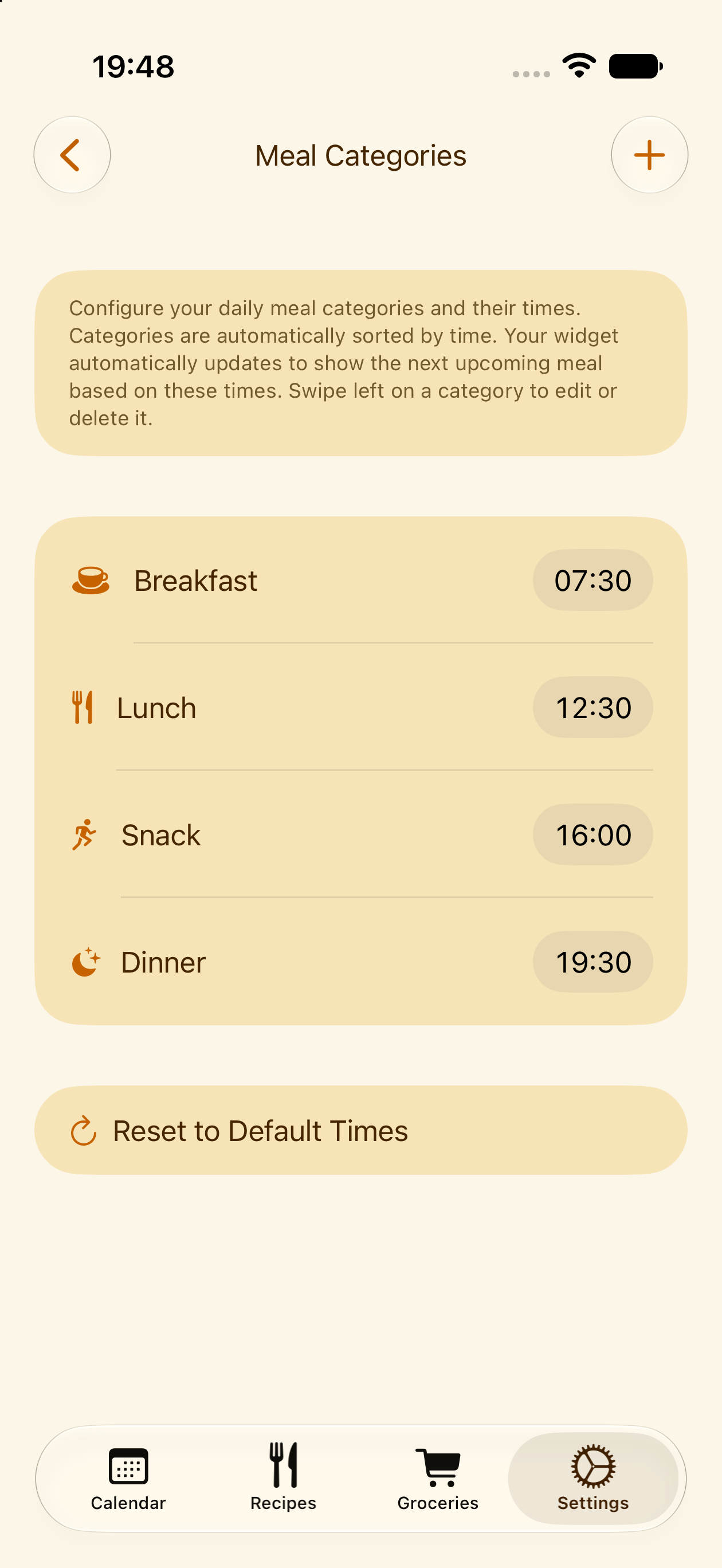 Custom meal categories and times in PlanPot