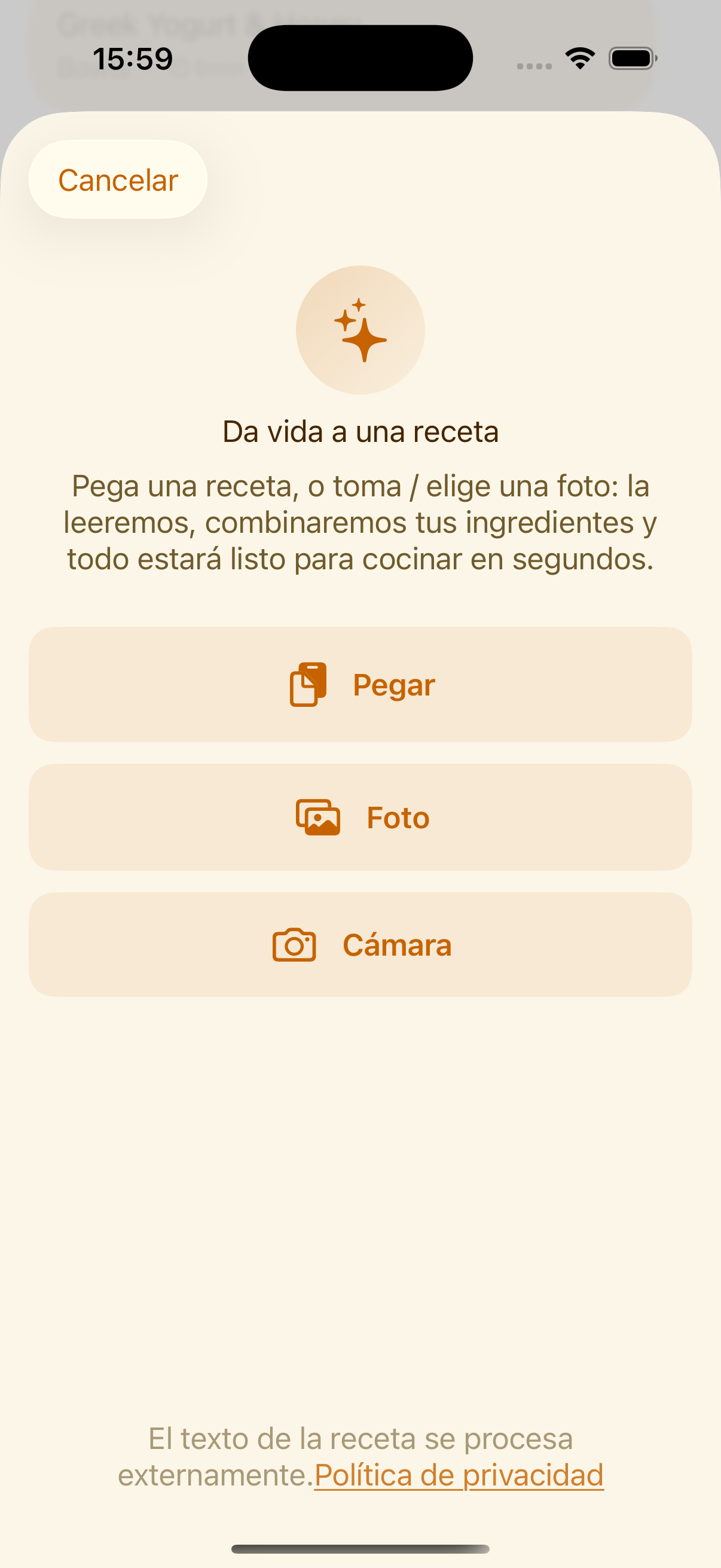 Pantalla de importación inteligente de recetas en PlanPot