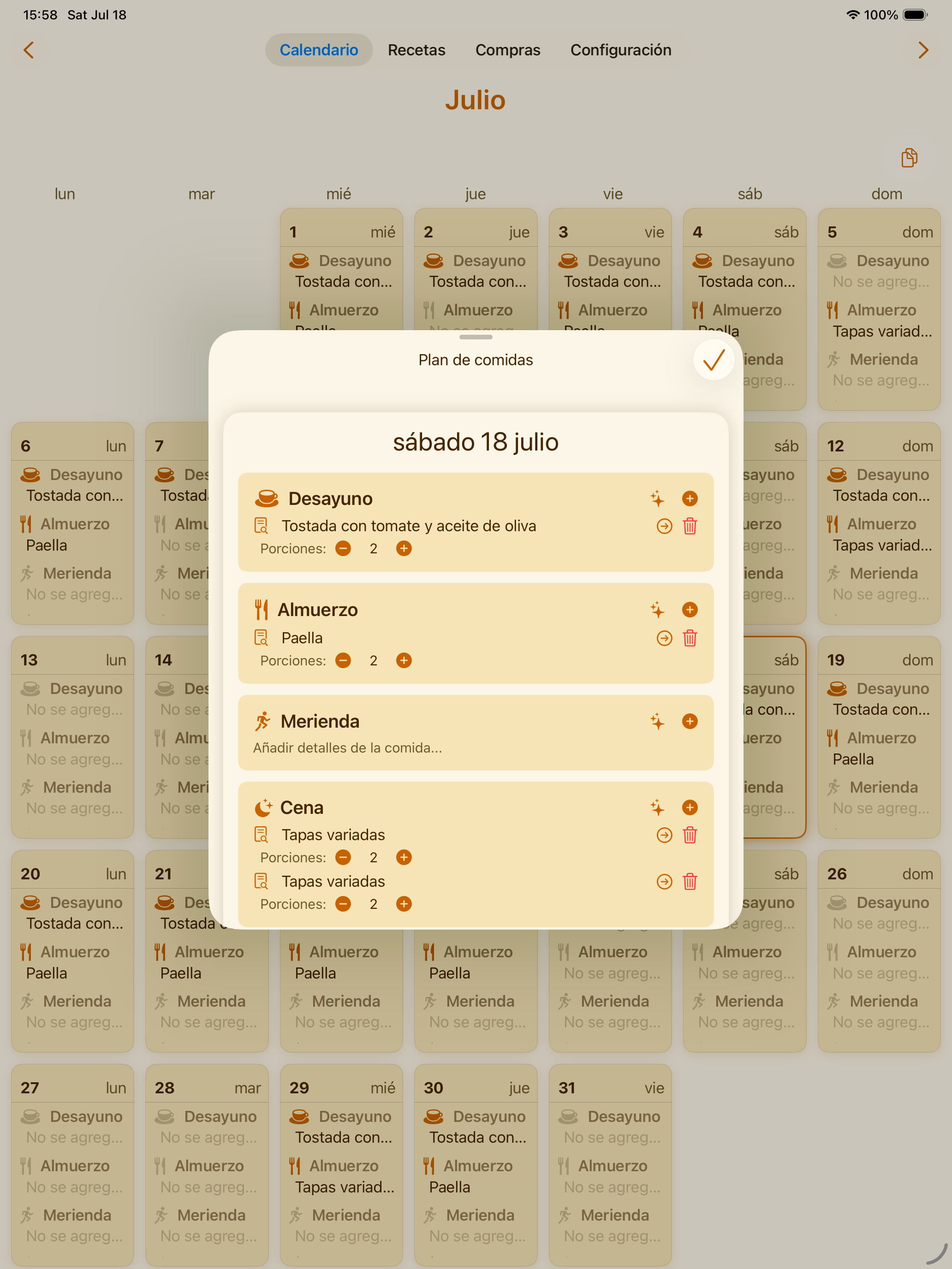 Calendario semanal de comidas de PlanPot en iPad