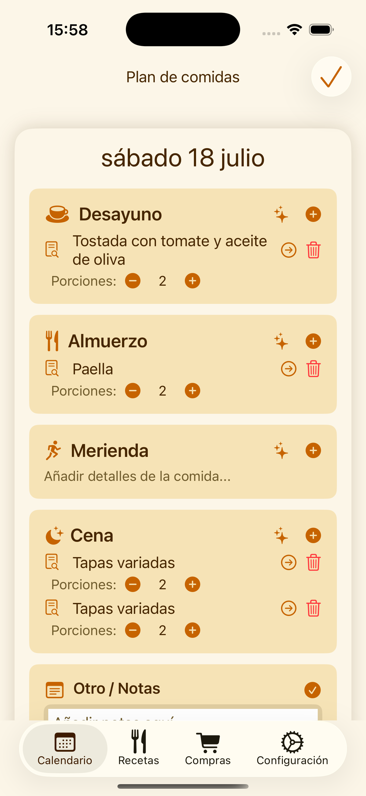 Calendario semanal de comidas de PlanPot en iPhone