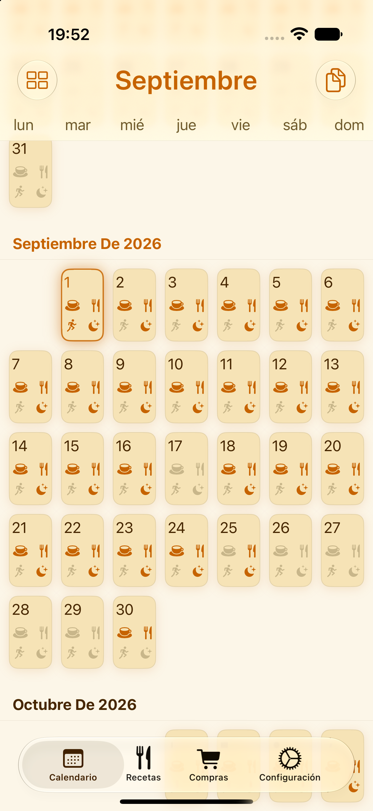 Vista del calendario mensual de comidas de PlanPot en iPhone
