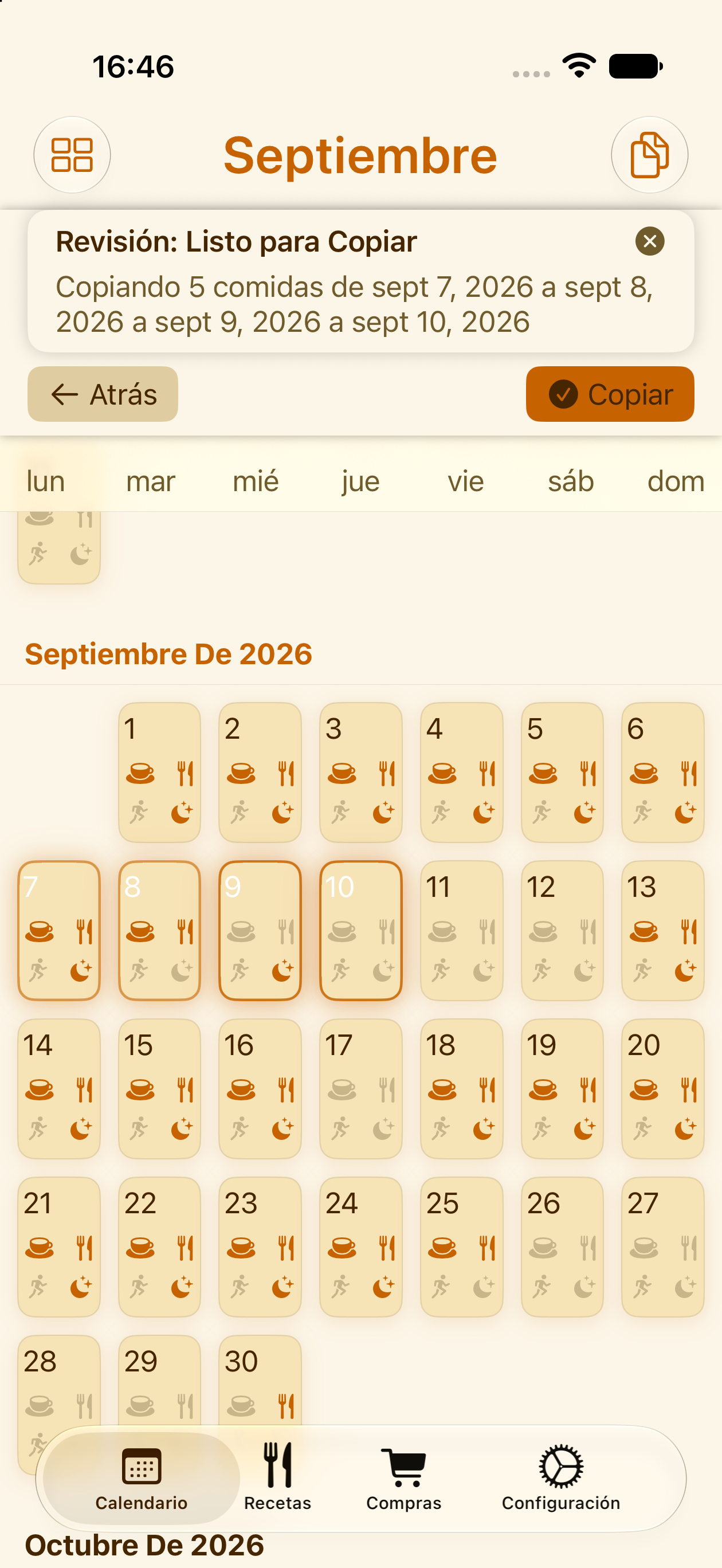 Copiar una semana de comidas a un nuevo rango de fechas en PlanPot