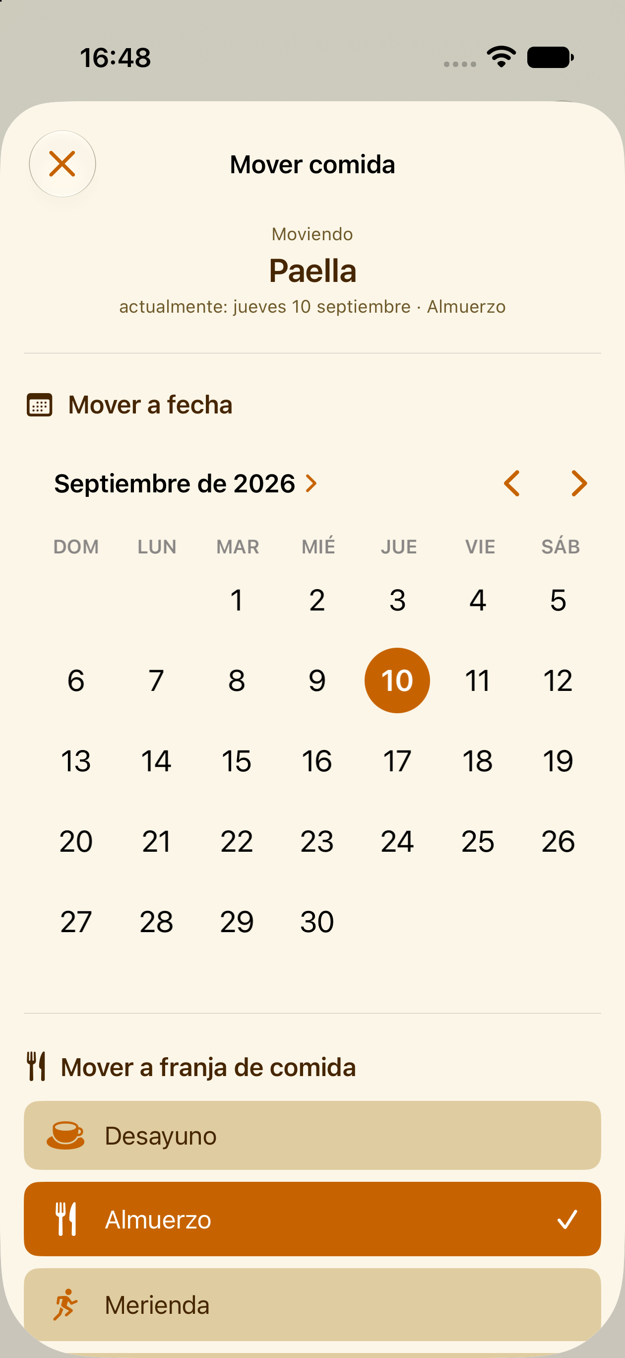 Mover una comida planificada a otro día en PlanPot