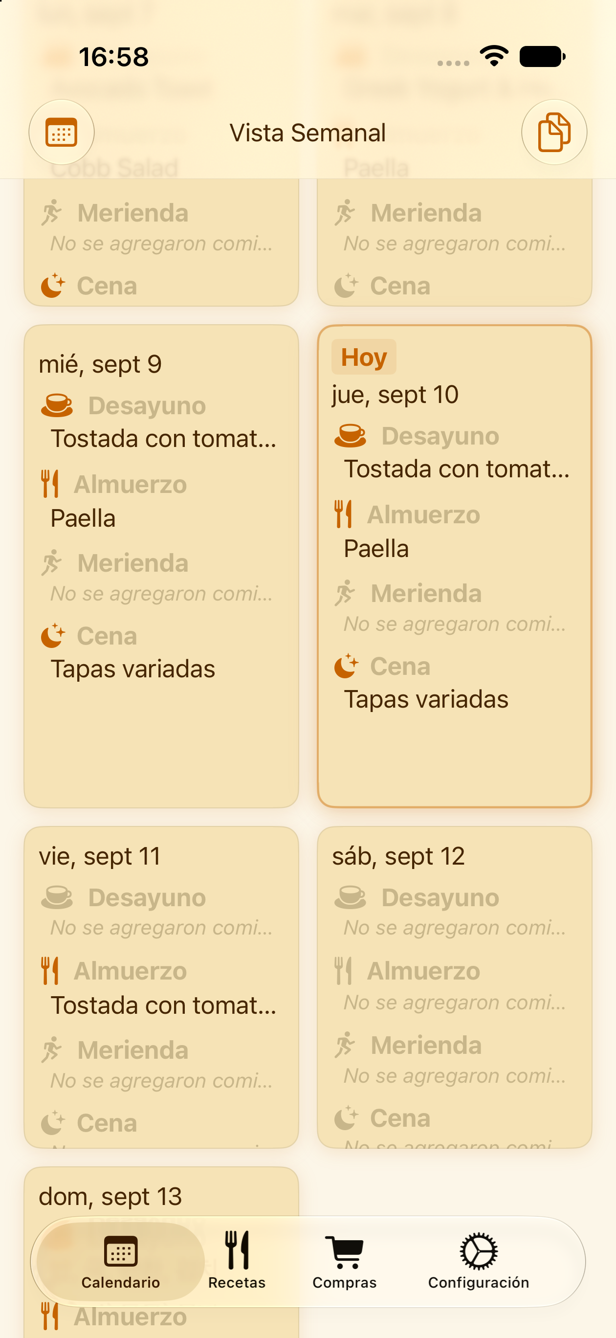 Vista del calendario semanal de comidas de PlanPot en iPhone