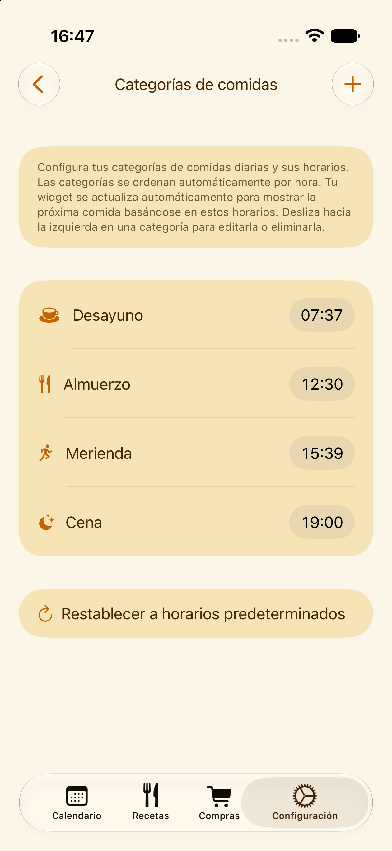 Categorías y horarios de comidas personalizados en PlanPot