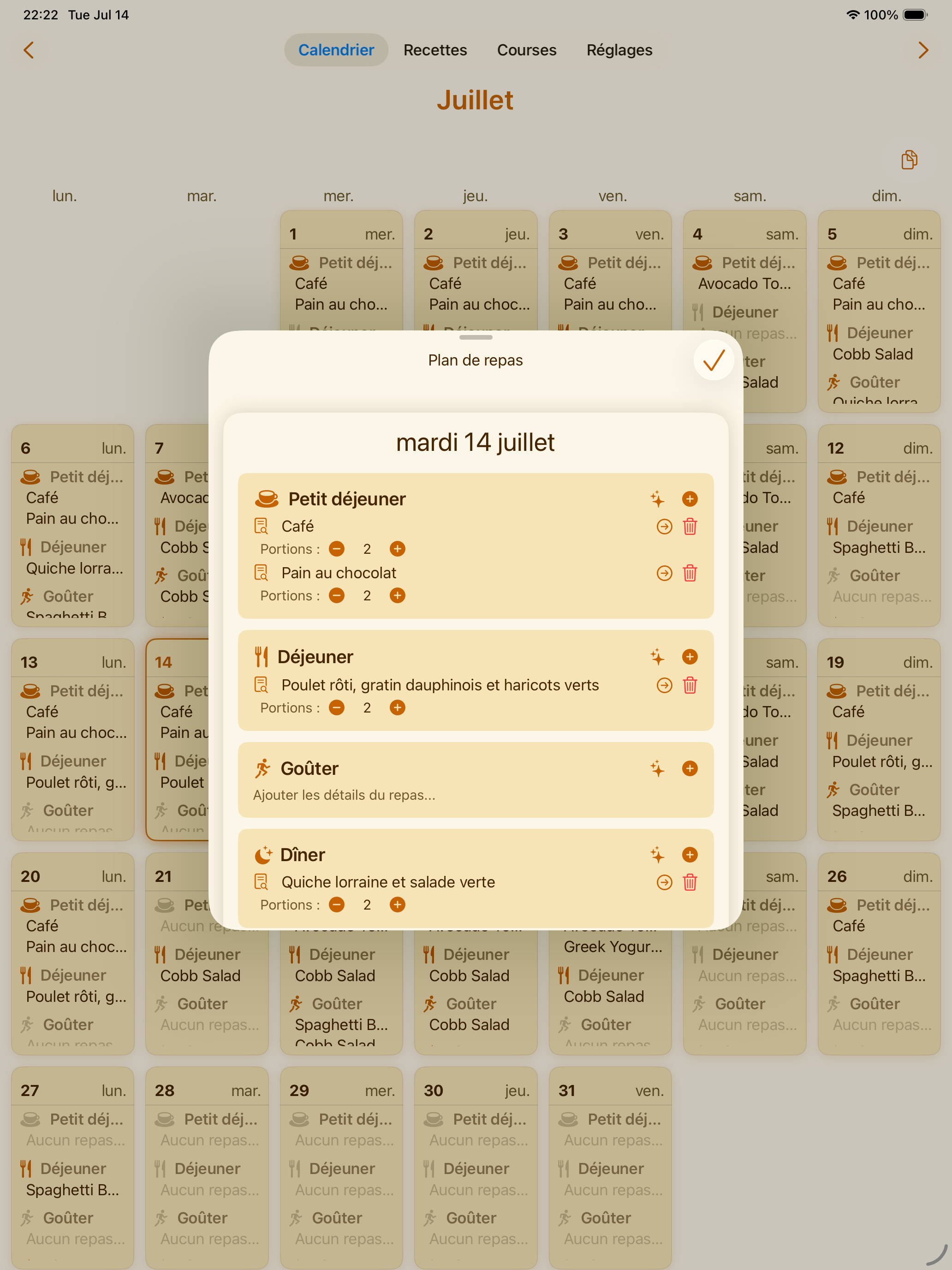 Calendrier de repas hebdomadaire PlanPot sur iPad