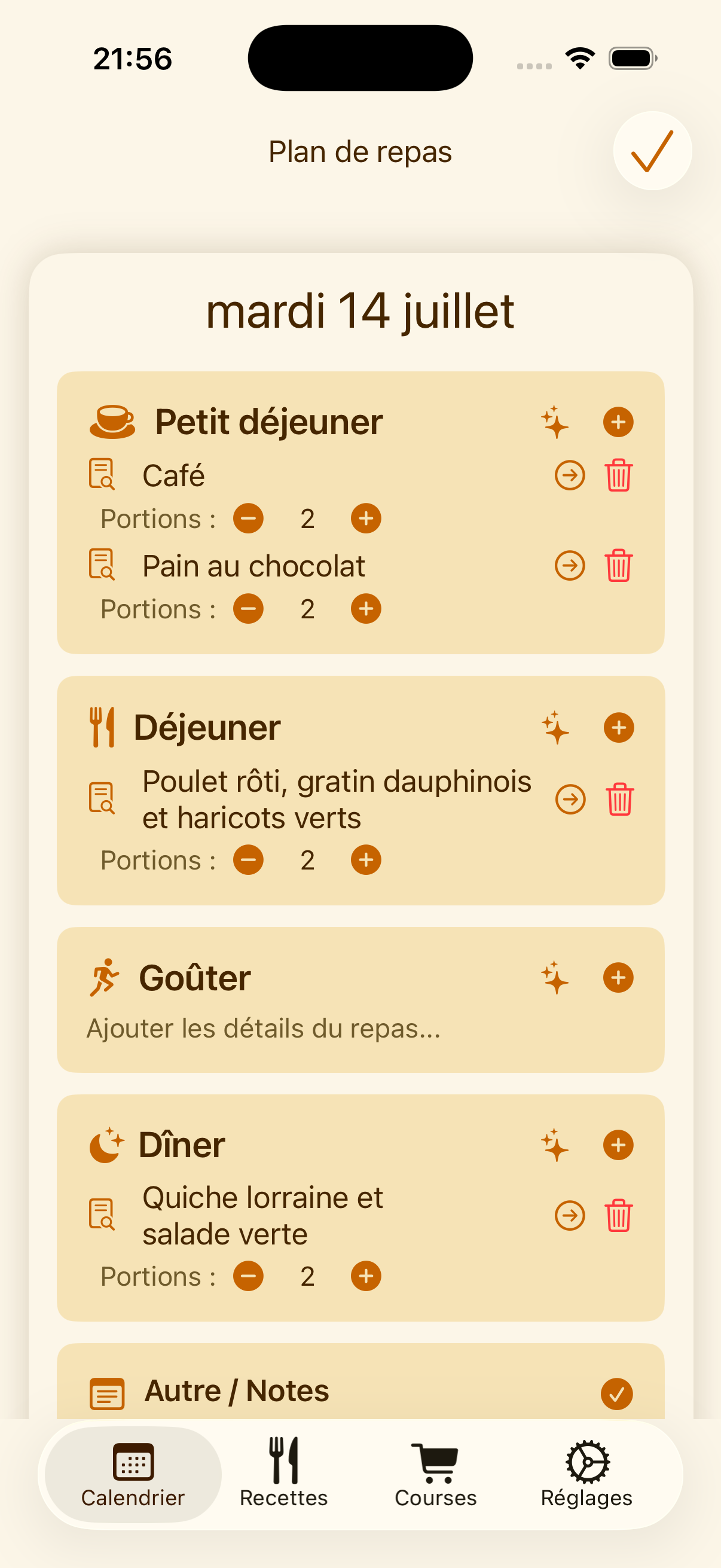 Calendrier de repas hebdomadaire PlanPot sur iPhone