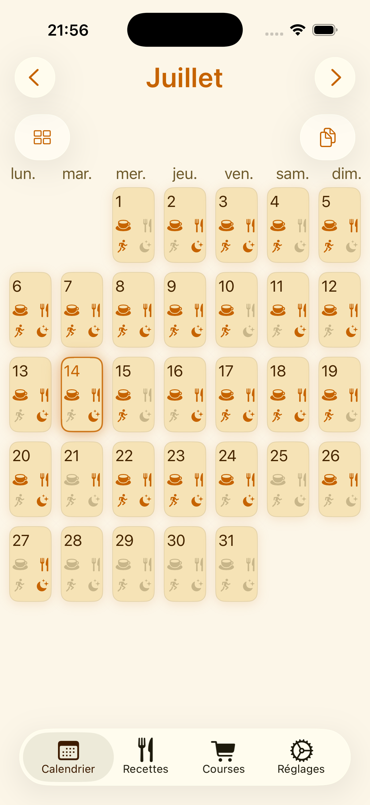 Vue du calendrier de repas mensuel PlanPot sur iPhone