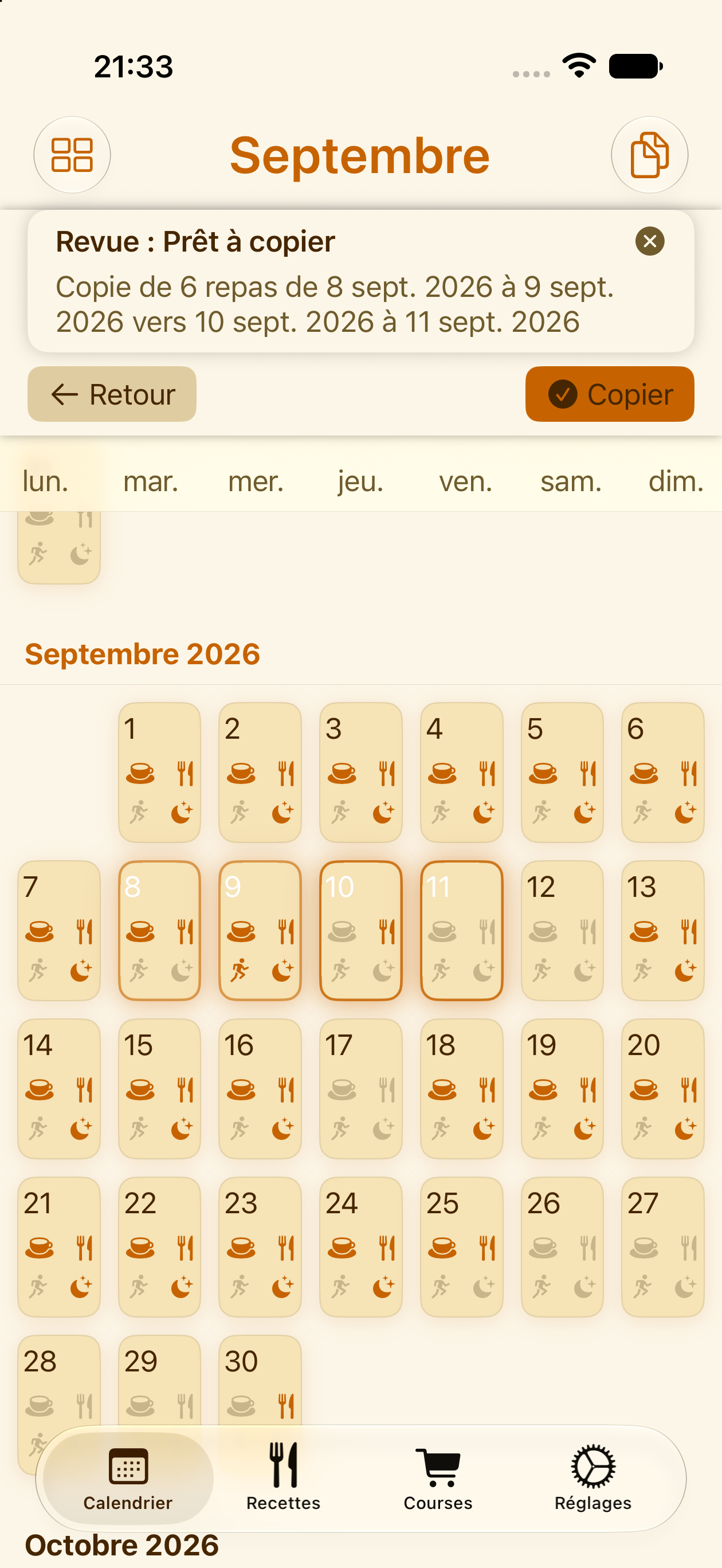 Copie d'une semaine de repas vers une nouvelle période dans PlanPot