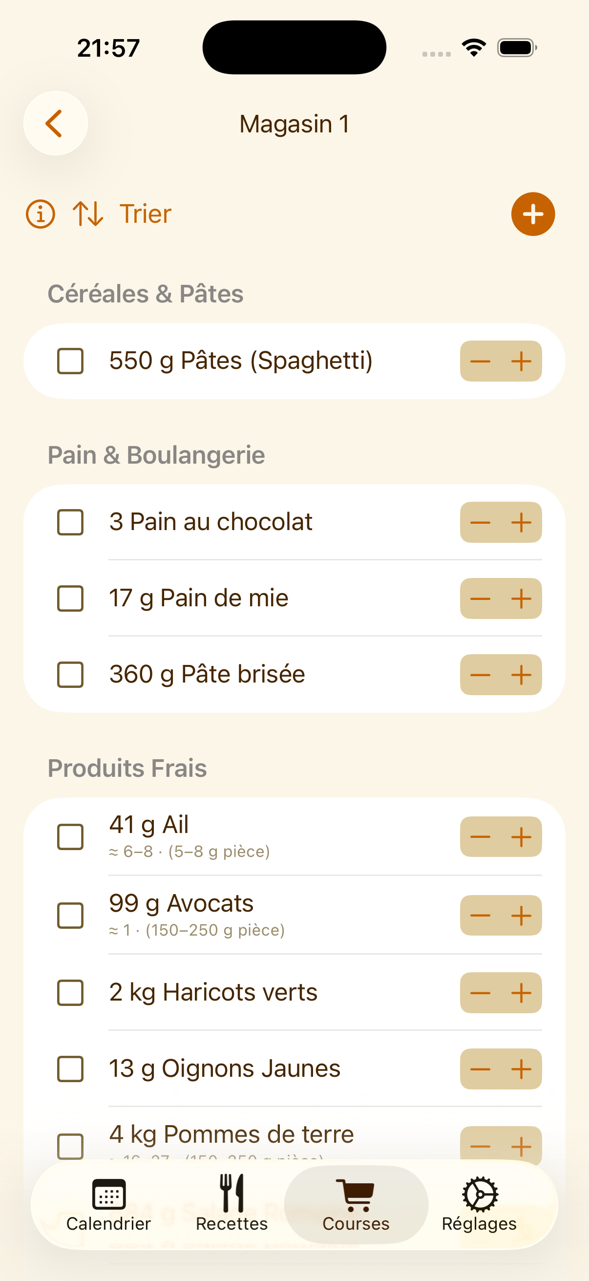 Liste de courses PlanPot organisée par magasin sur iPhone
