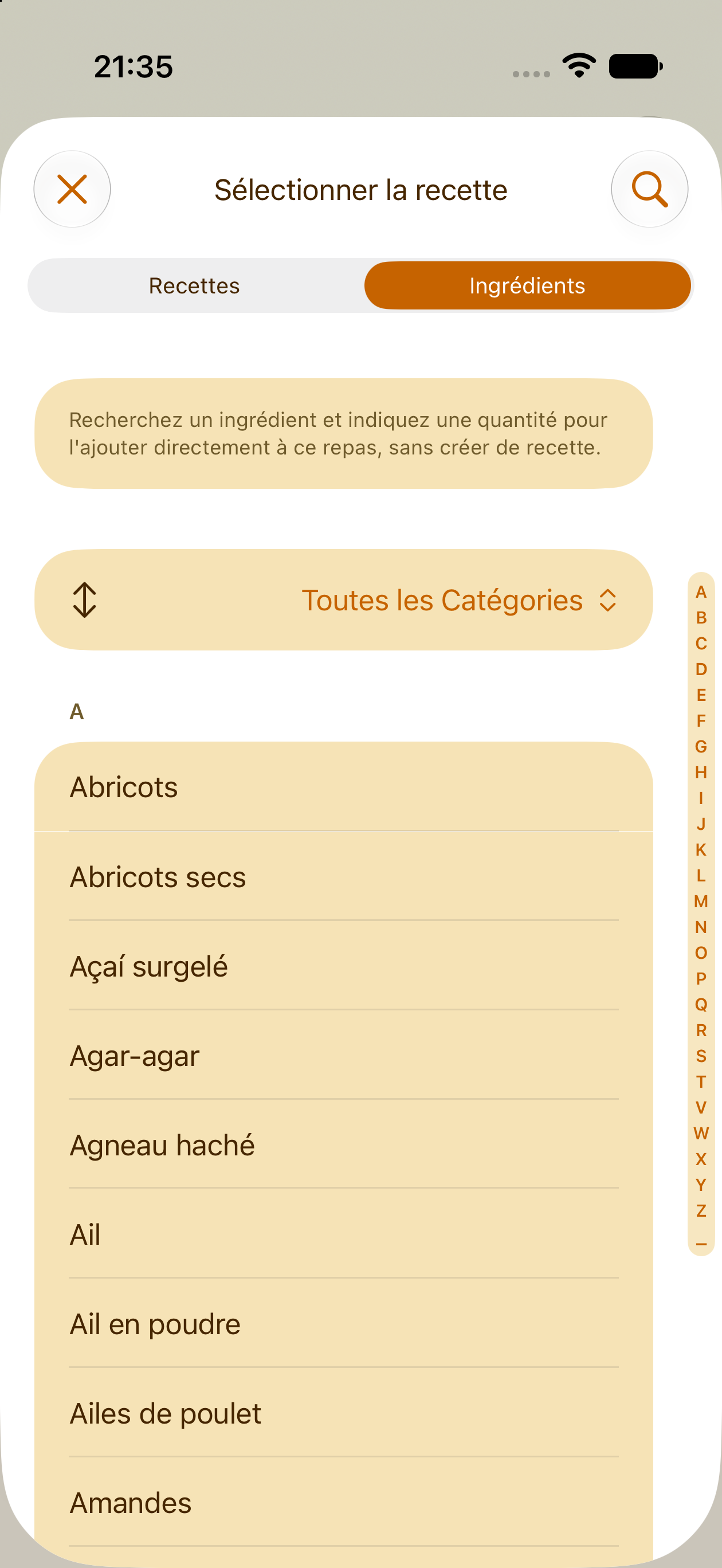 Ajout d'un ingrédient seul au plan de repas, sans recette