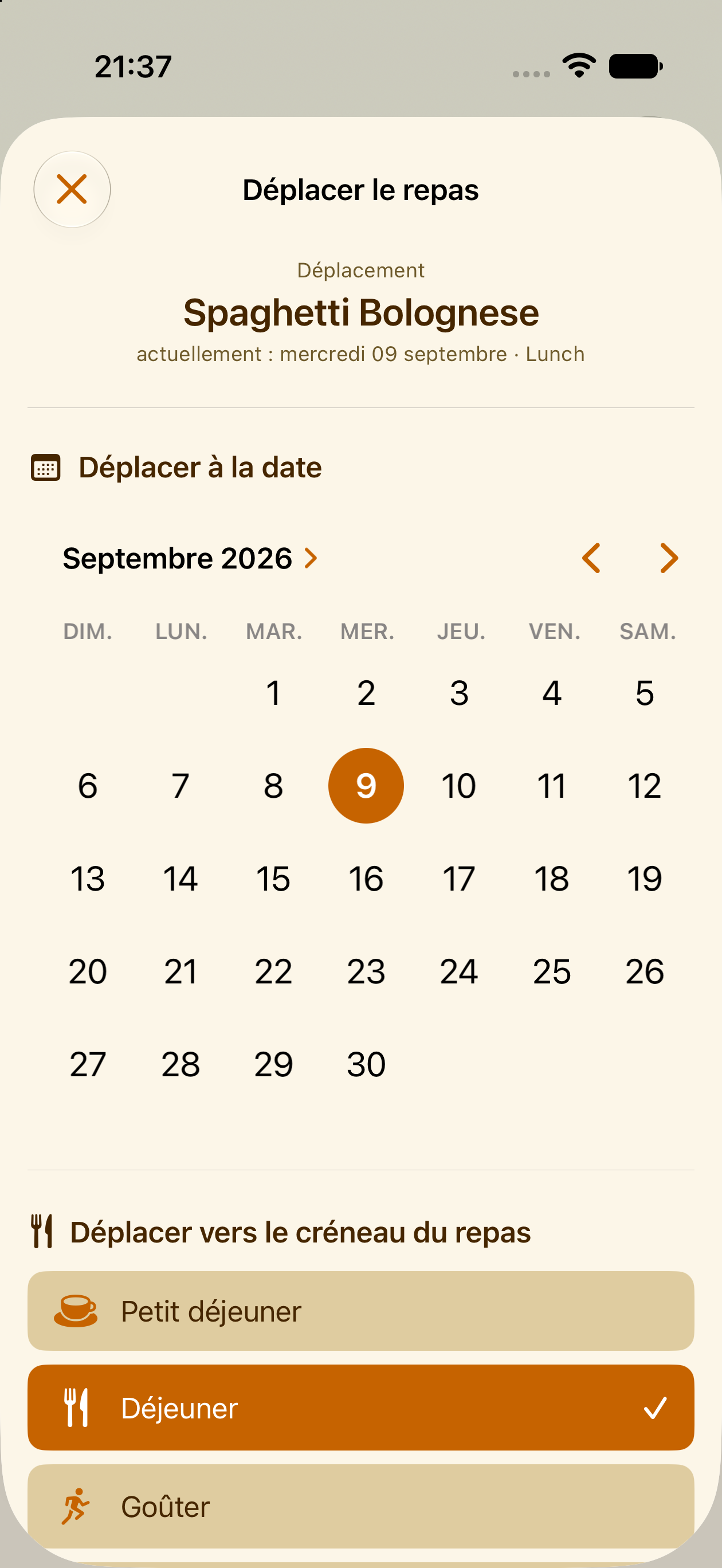 Déplacement d'un repas planifié vers un autre jour dans PlanPot