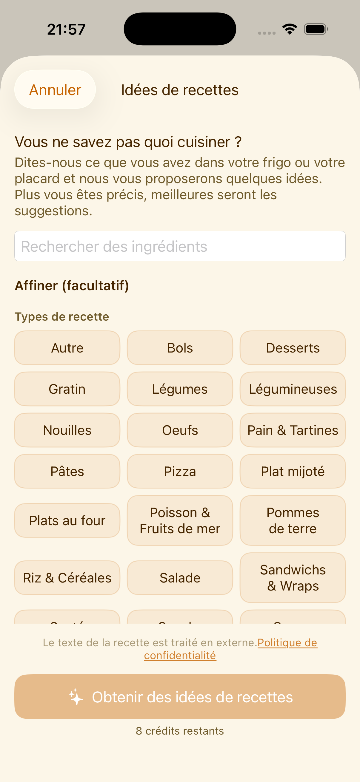 PlanPot proposant des idées de recettes à partir des ingrédients du placard