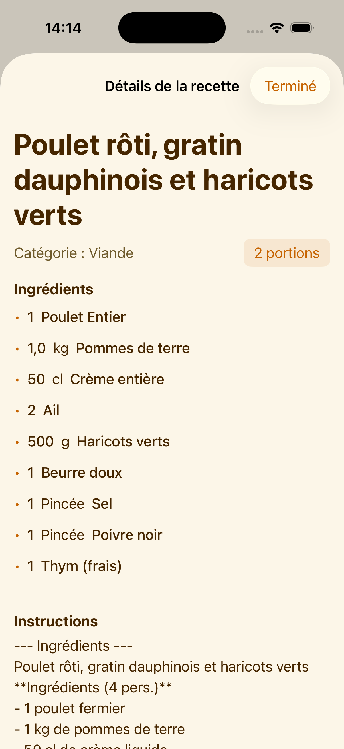 Vue d'une recette dans PlanPot sur iPhone