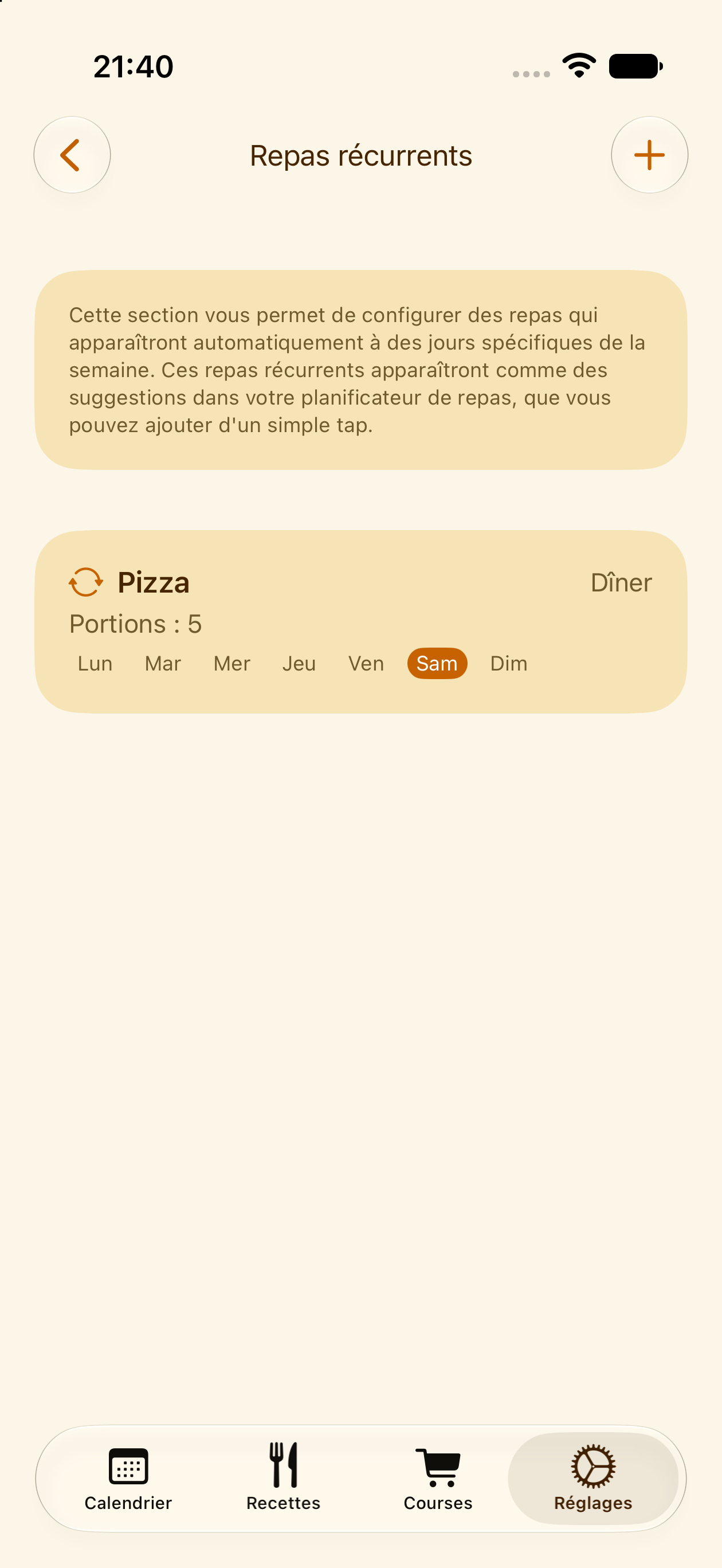 Réglage d'un repas récurrent dans PlanPot