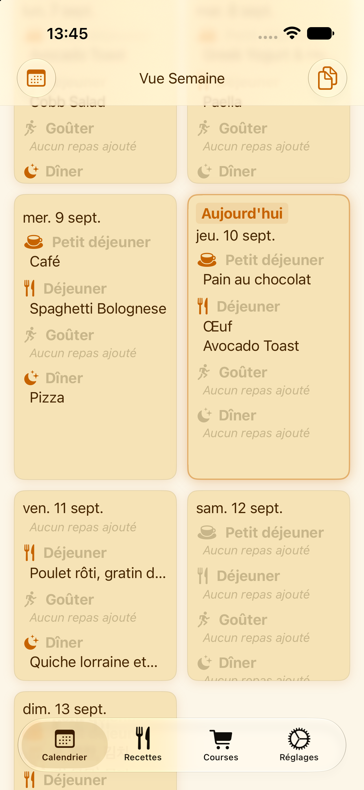 Vue du calendrier de repas hebdomadaire PlanPot sur iPhone