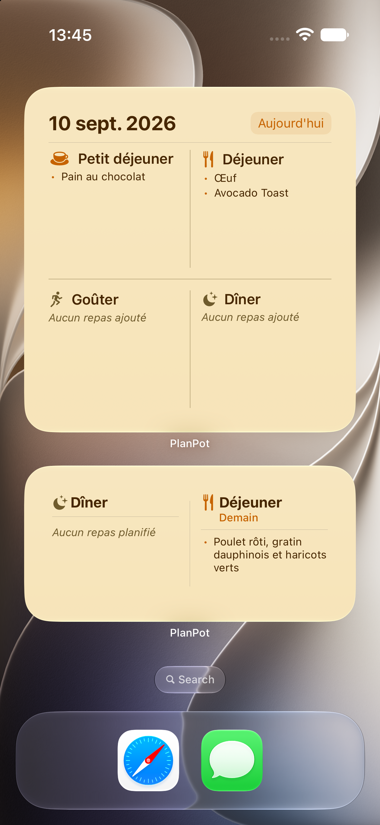 Widgets PlanPot sur l'écran d'accueil et l'Apple Watch