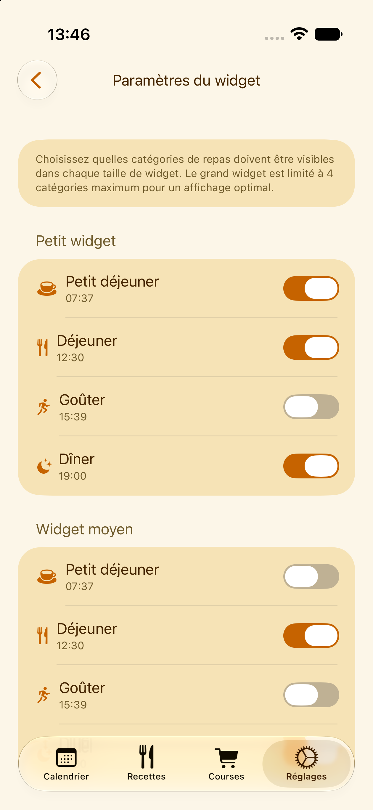 Réglages de visibilité des widgets dans PlanPot