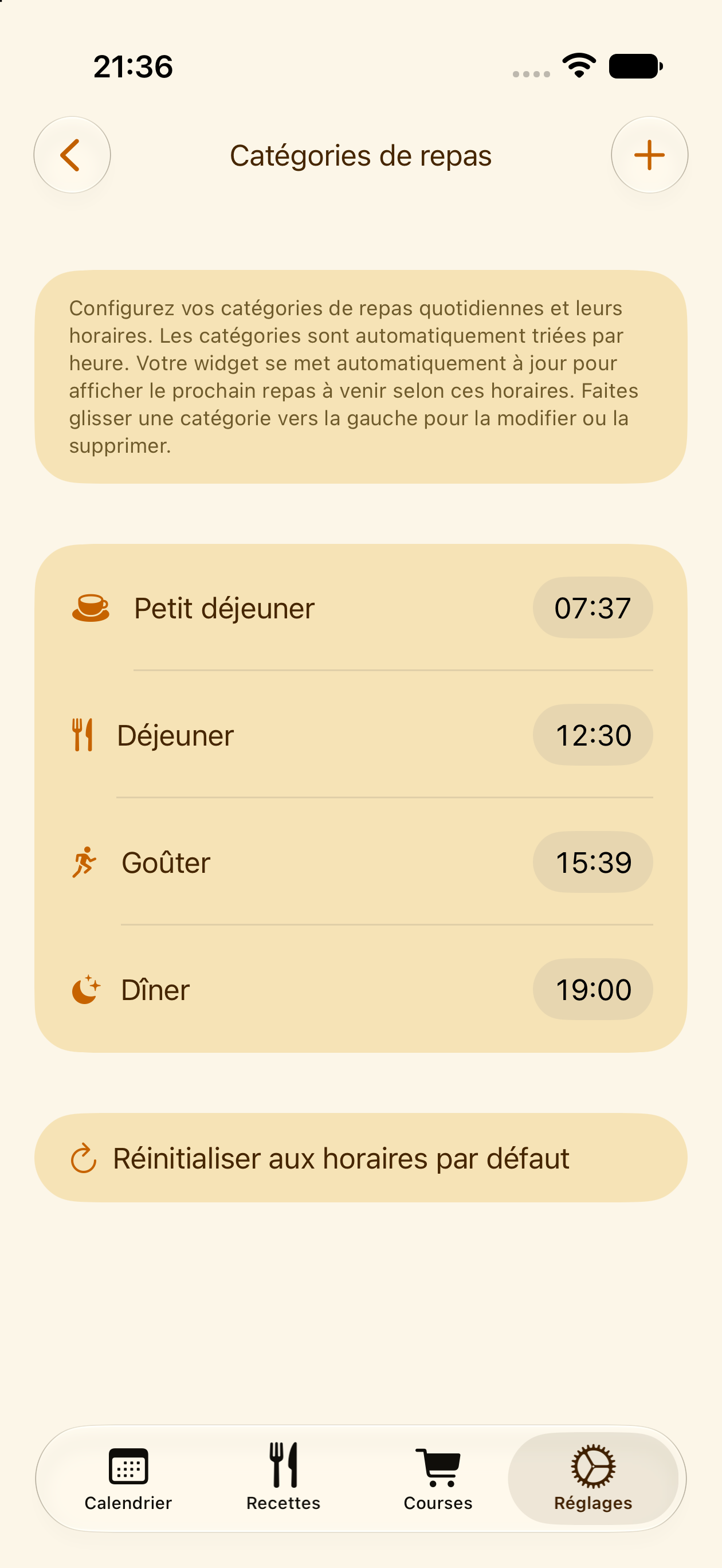 Catégories et horaires de repas personnalisés dans PlanPot