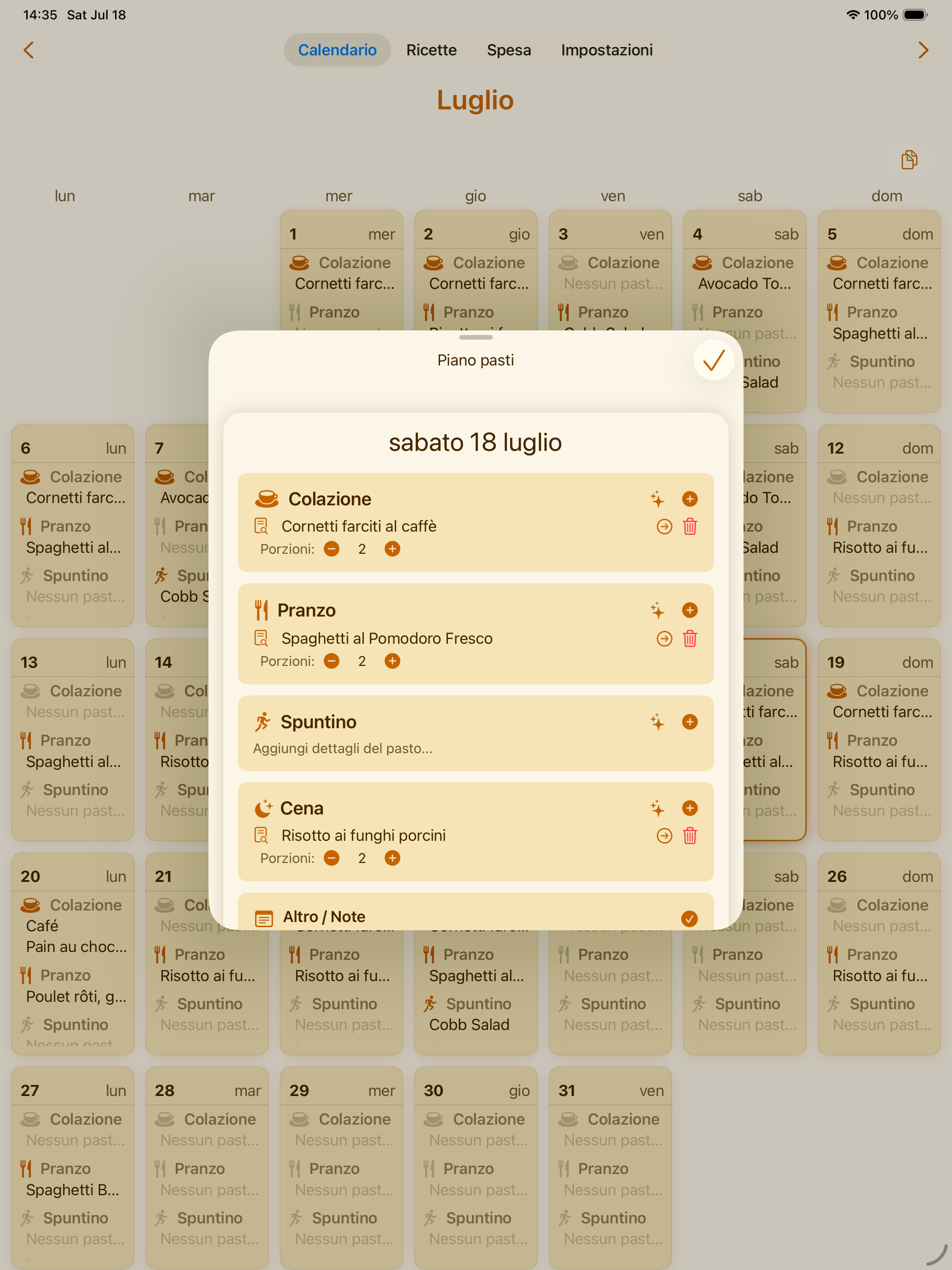 Calendario settimanale dei pasti di PlanPot su iPad
