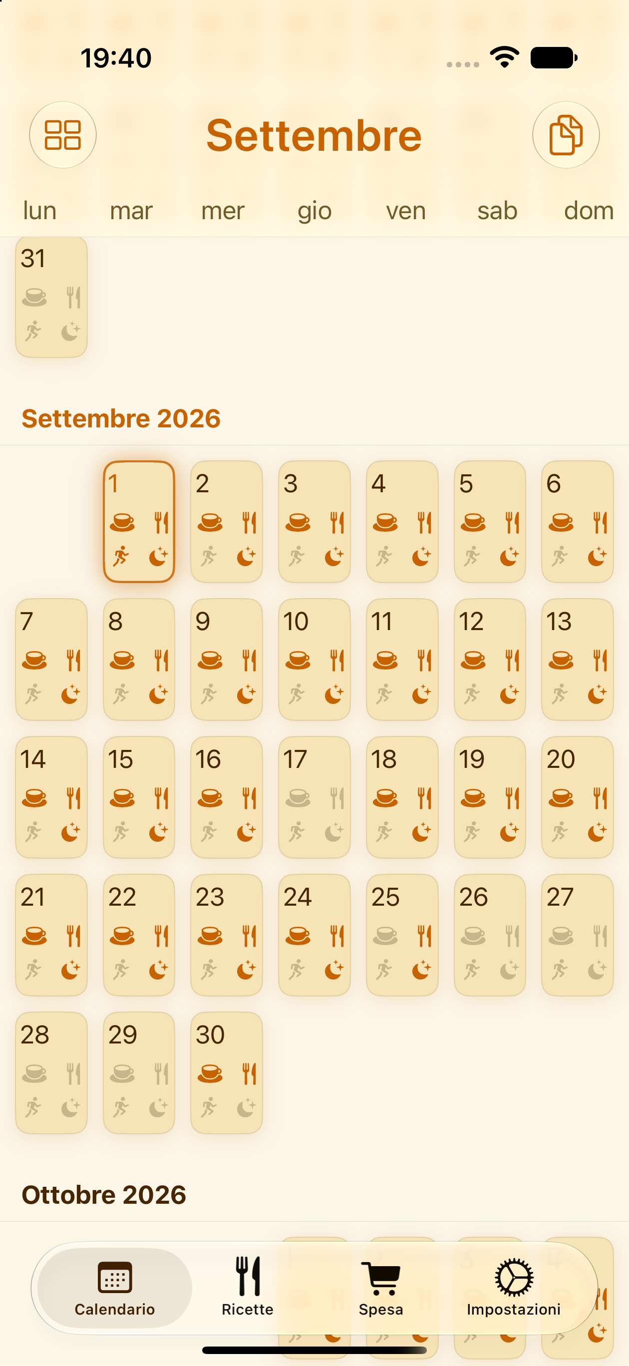 Vista del calendario mensile dei pasti di PlanPot su iPhone