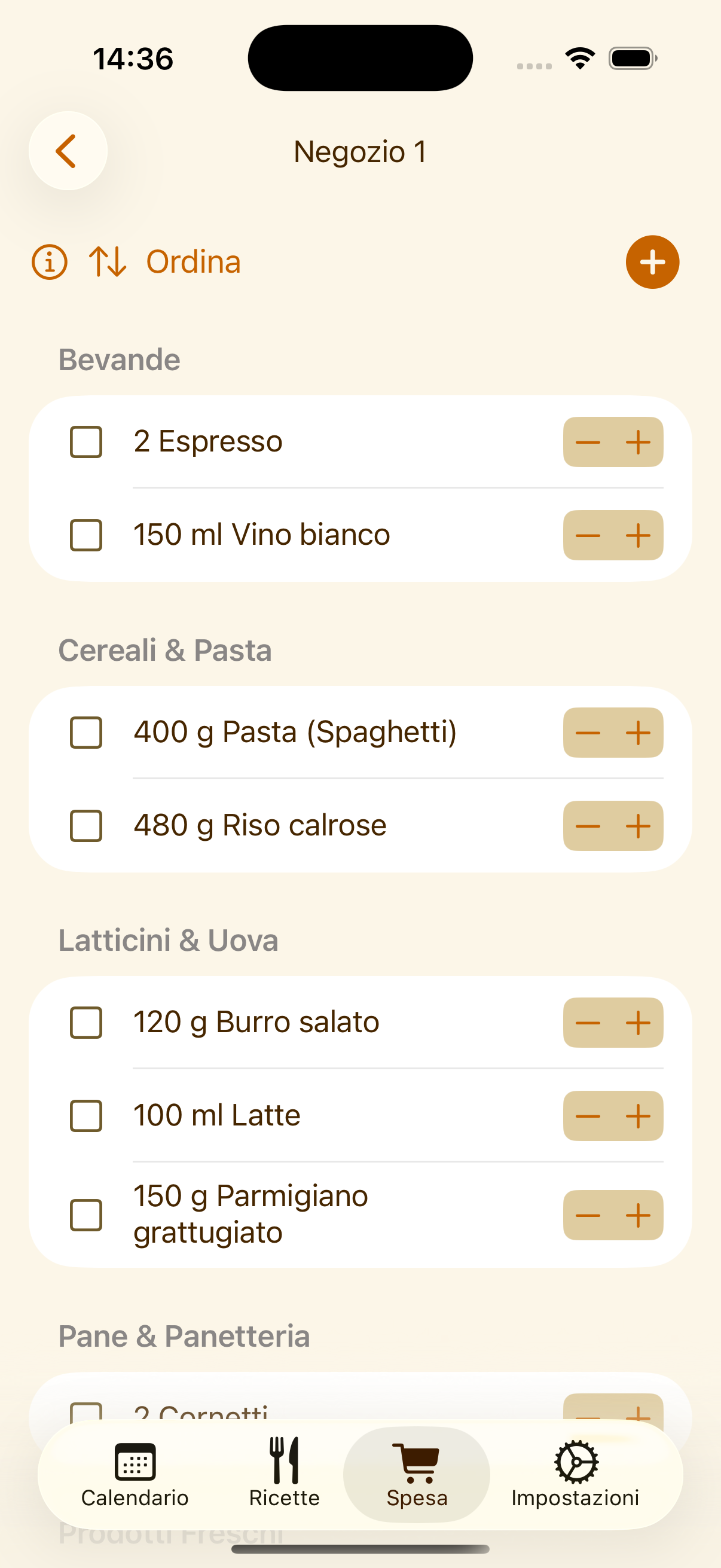 Lista della spesa di PlanPot organizzata per negozio su iPhone