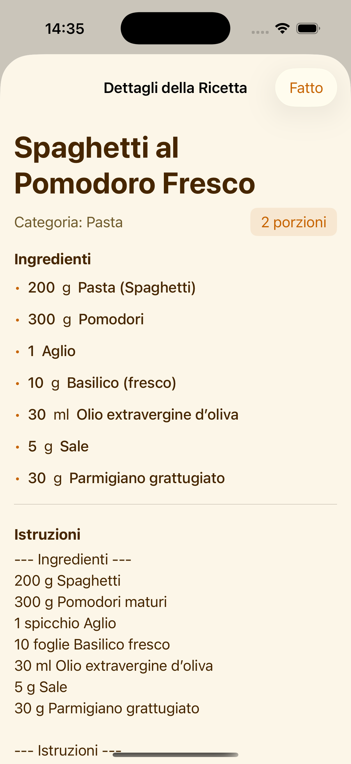 Vista di una ricetta in PlanPot su iPhone