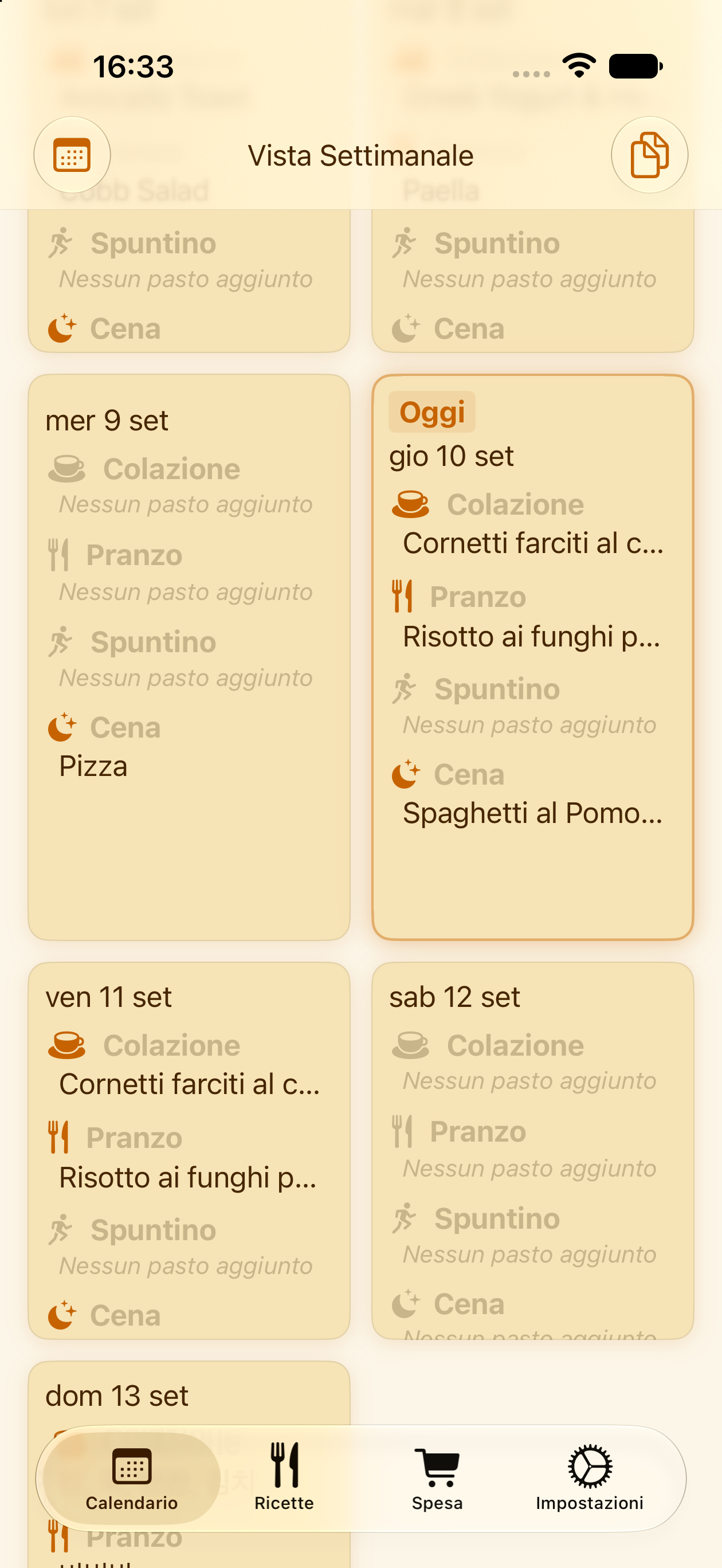 Vista del calendario settimanale dei pasti di PlanPot su iPhone
