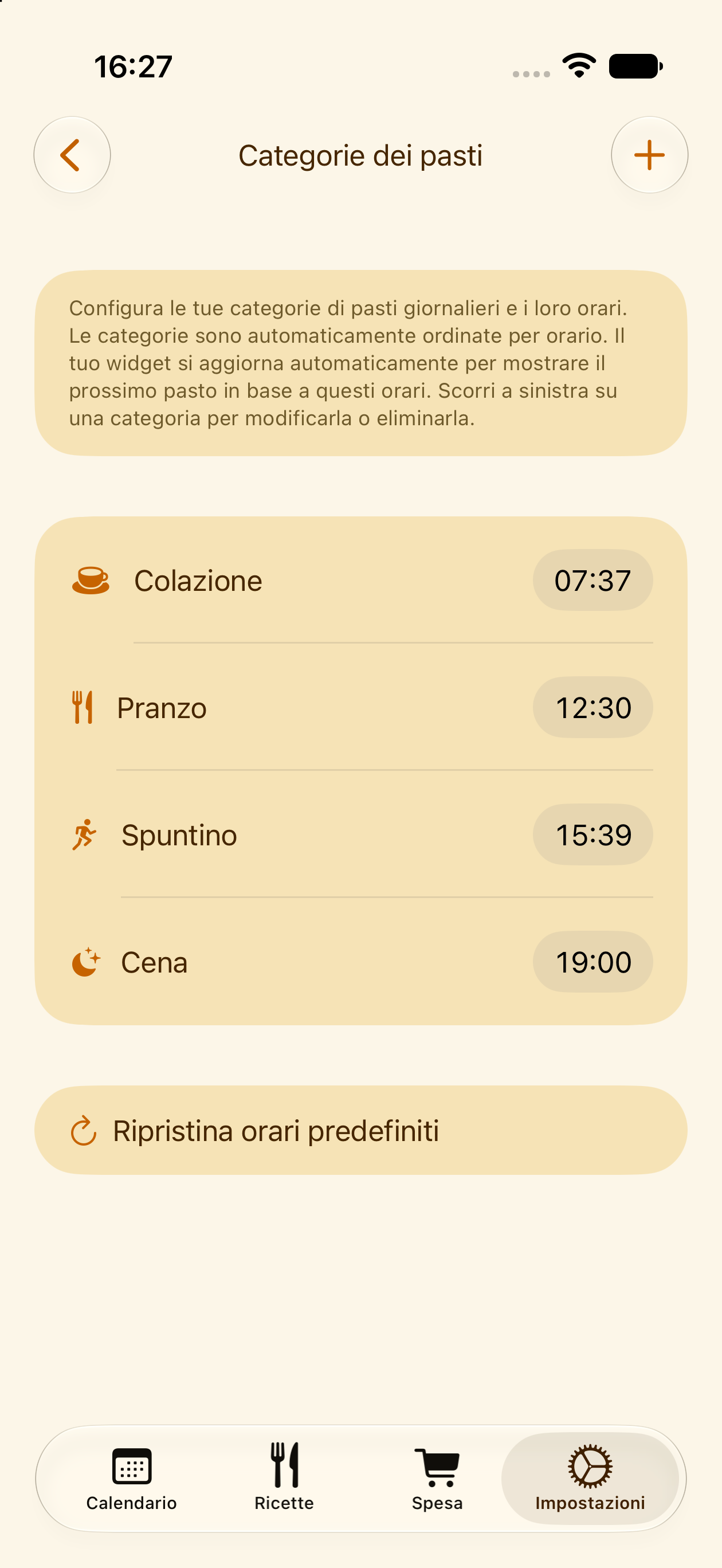 Categorie e orari dei pasti personalizzati in PlanPot