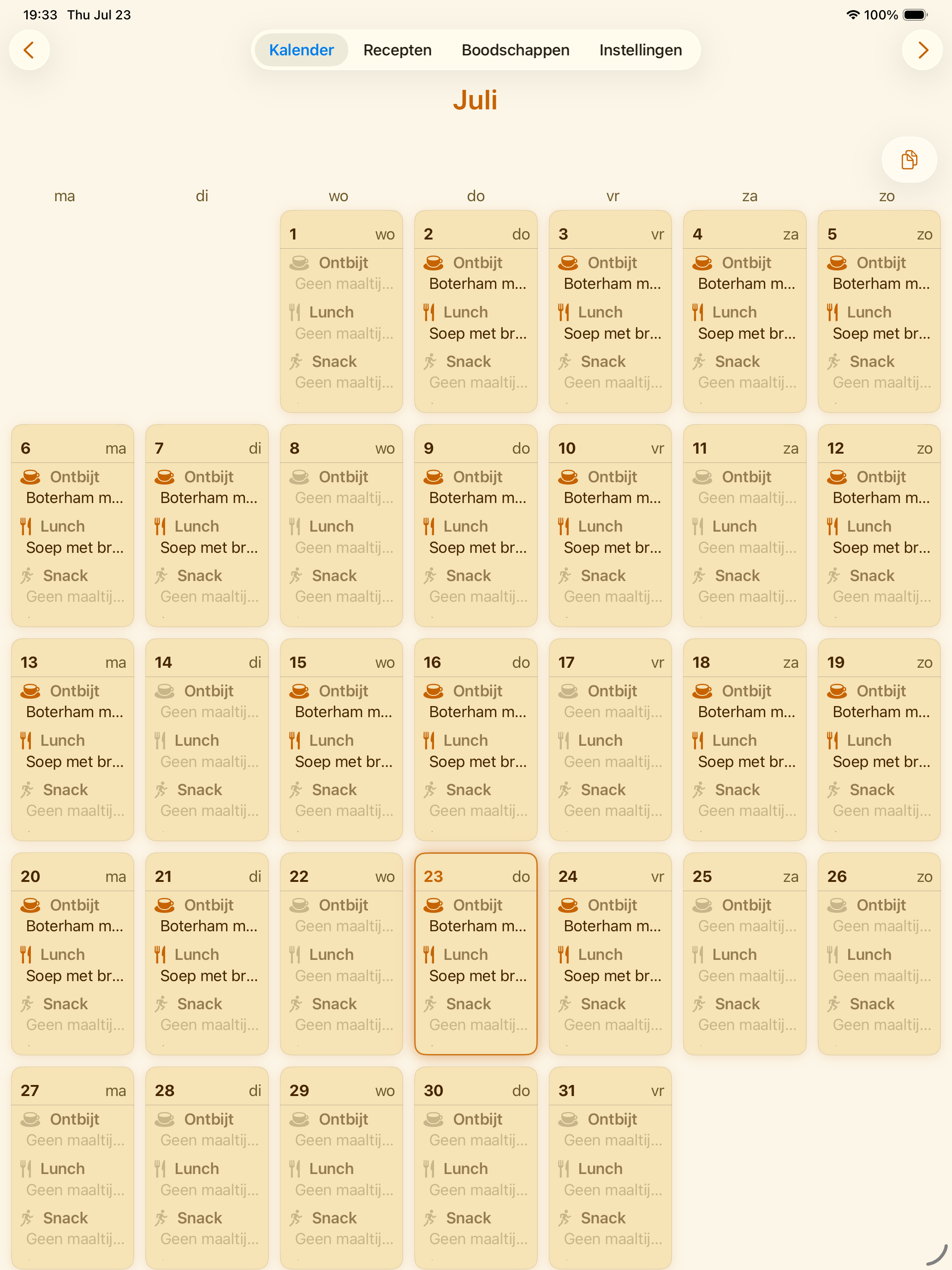 Wekelijkse PlanPot-maaltijdkalender op iPad