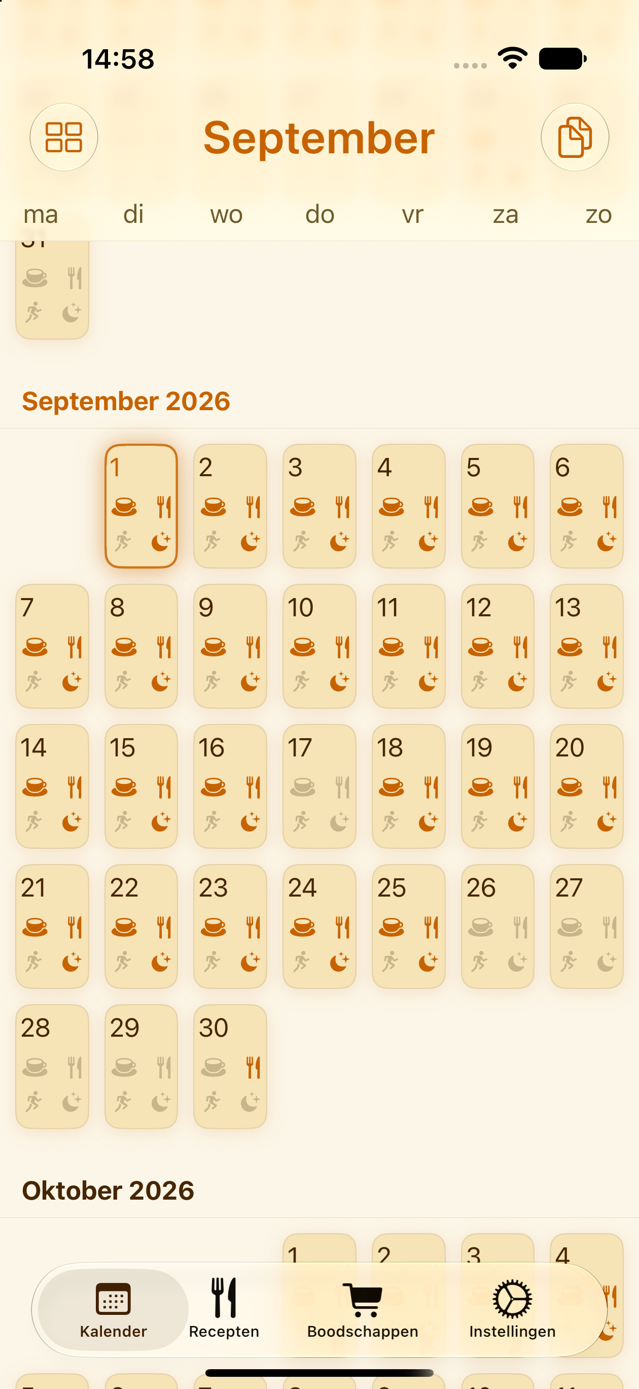 Maandweergave van de PlanPot-maaltijdkalender op iPhone