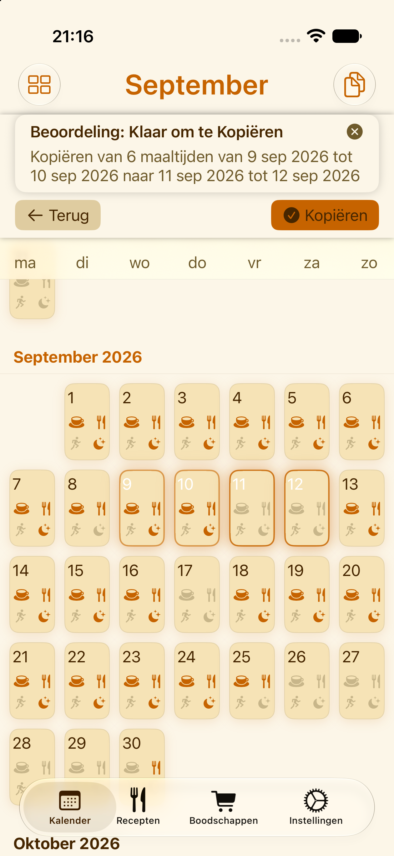Een week aan maaltijden kopiëren naar een nieuwe periode in PlanPot
