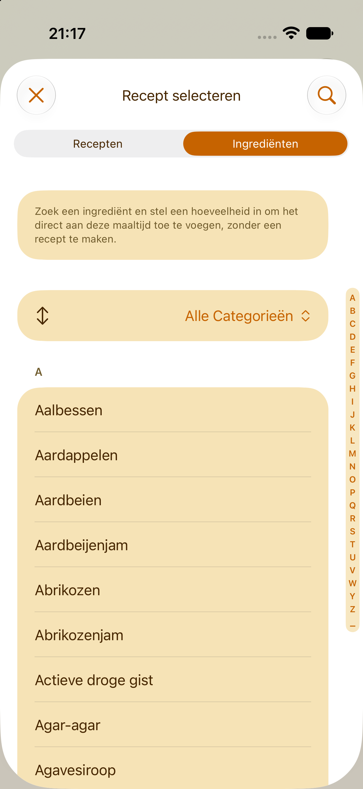 Een los ingrediënt toevoegen aan het maaltijdplan zonder recept