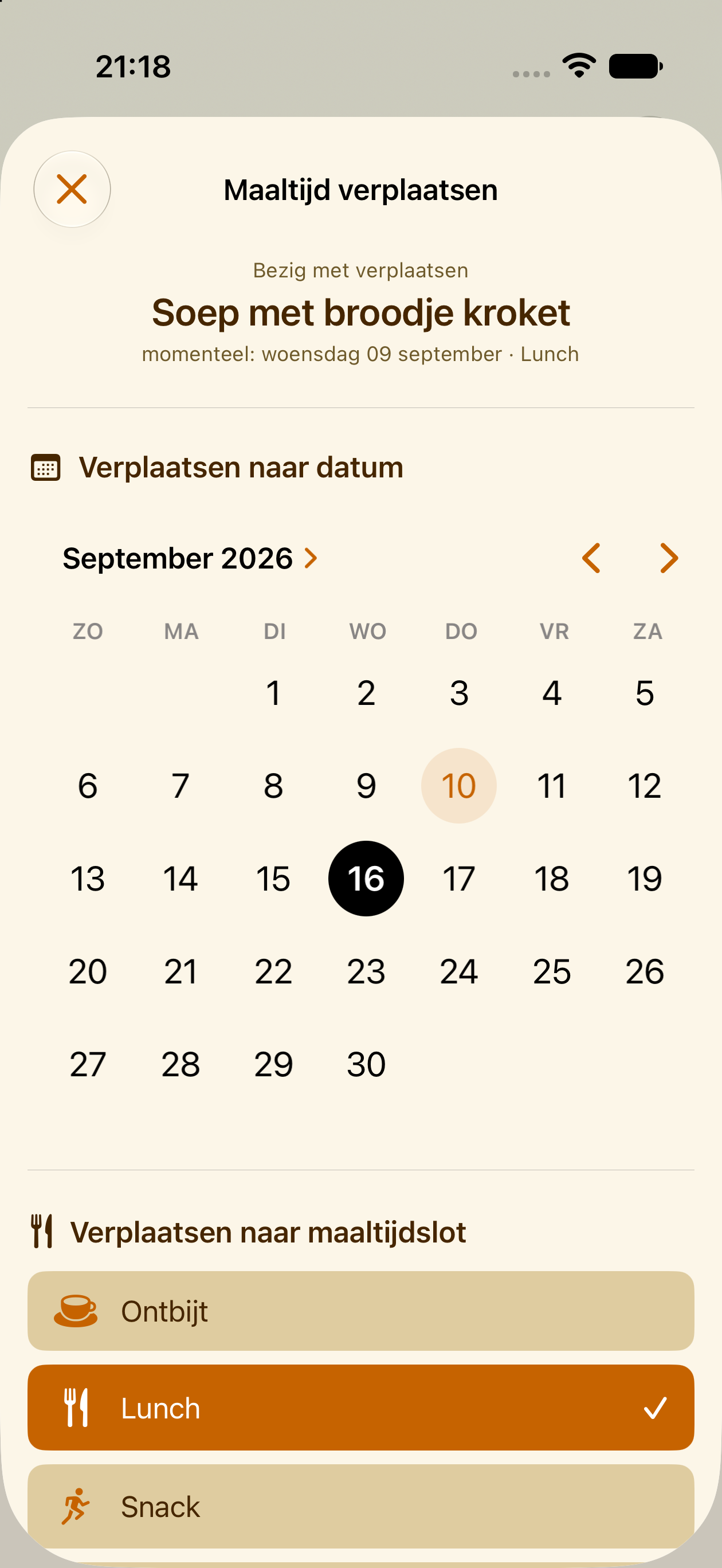 Een geplande maaltijd naar een andere dag verplaatsen in PlanPot