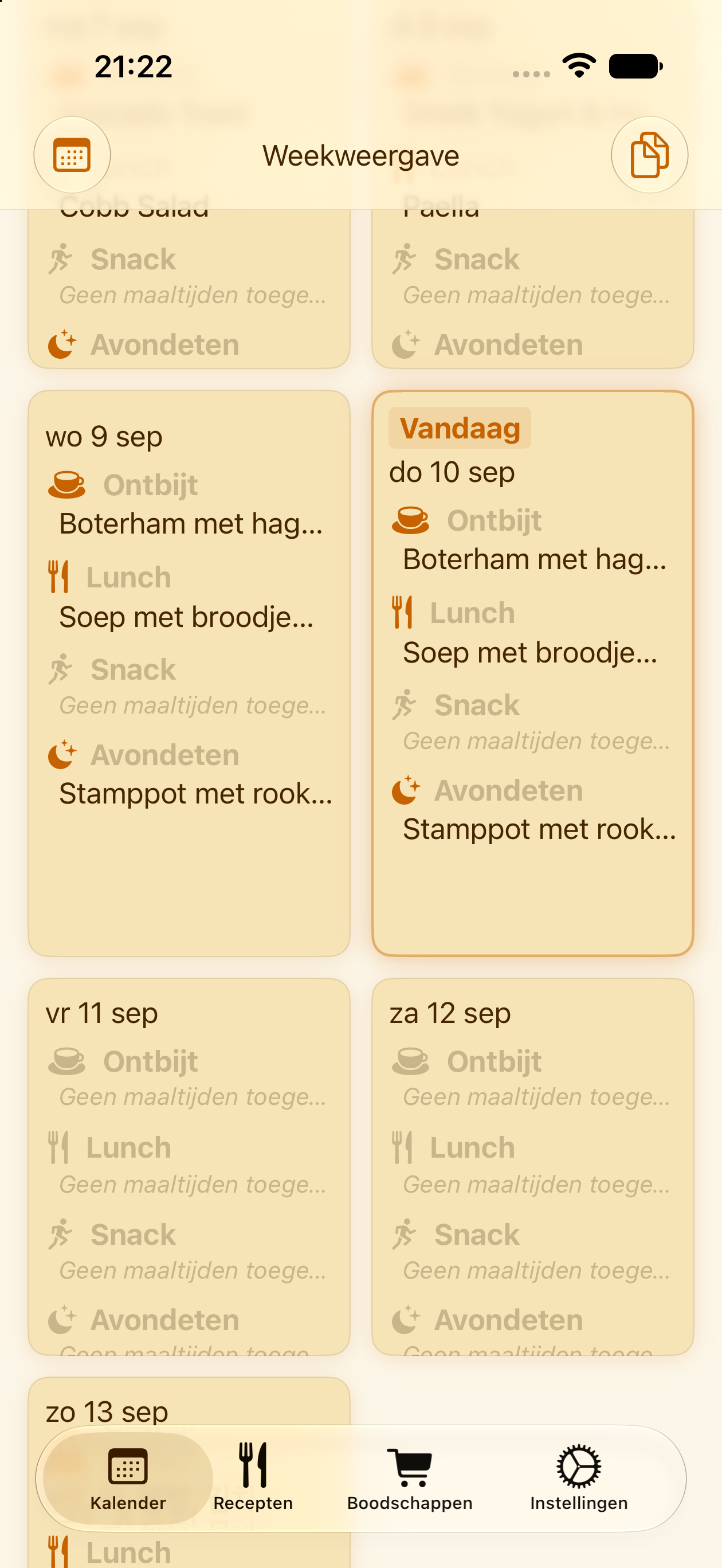 Weekweergave van de PlanPot-maaltijdkalender op iPhone