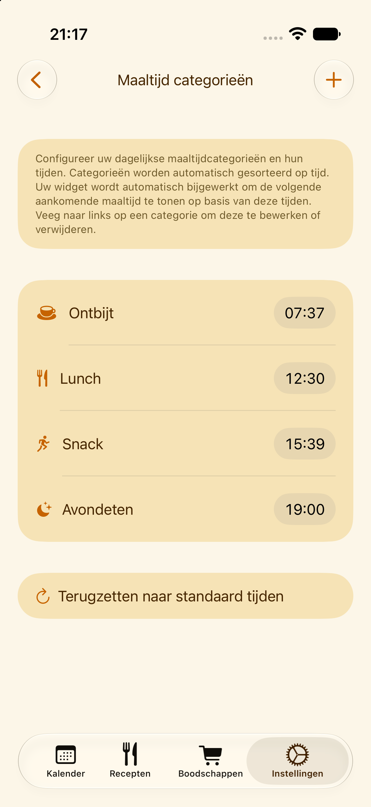 Aangepaste maaltijdcategorieën en -tijden in PlanPot