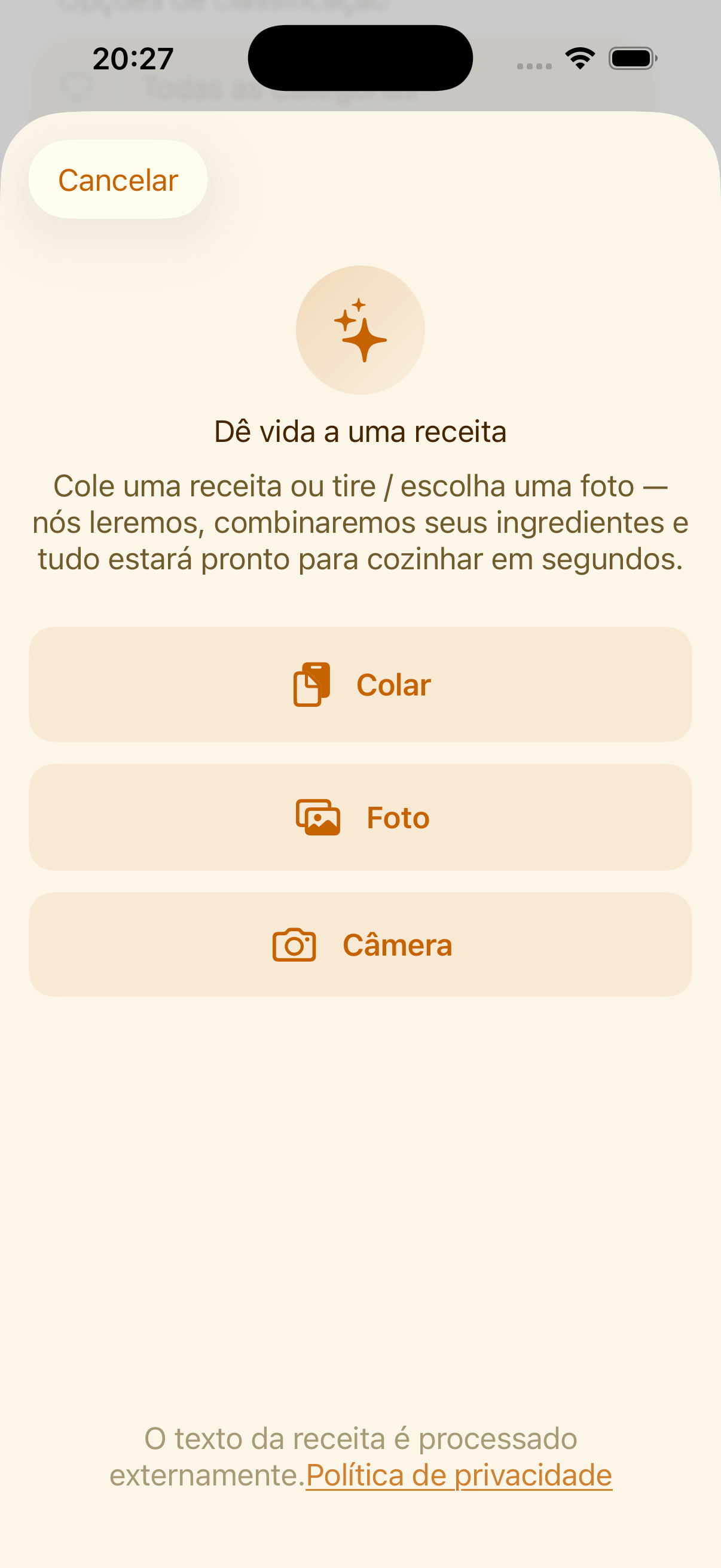 Ecrã de importação inteligente de receitas no PlanPot